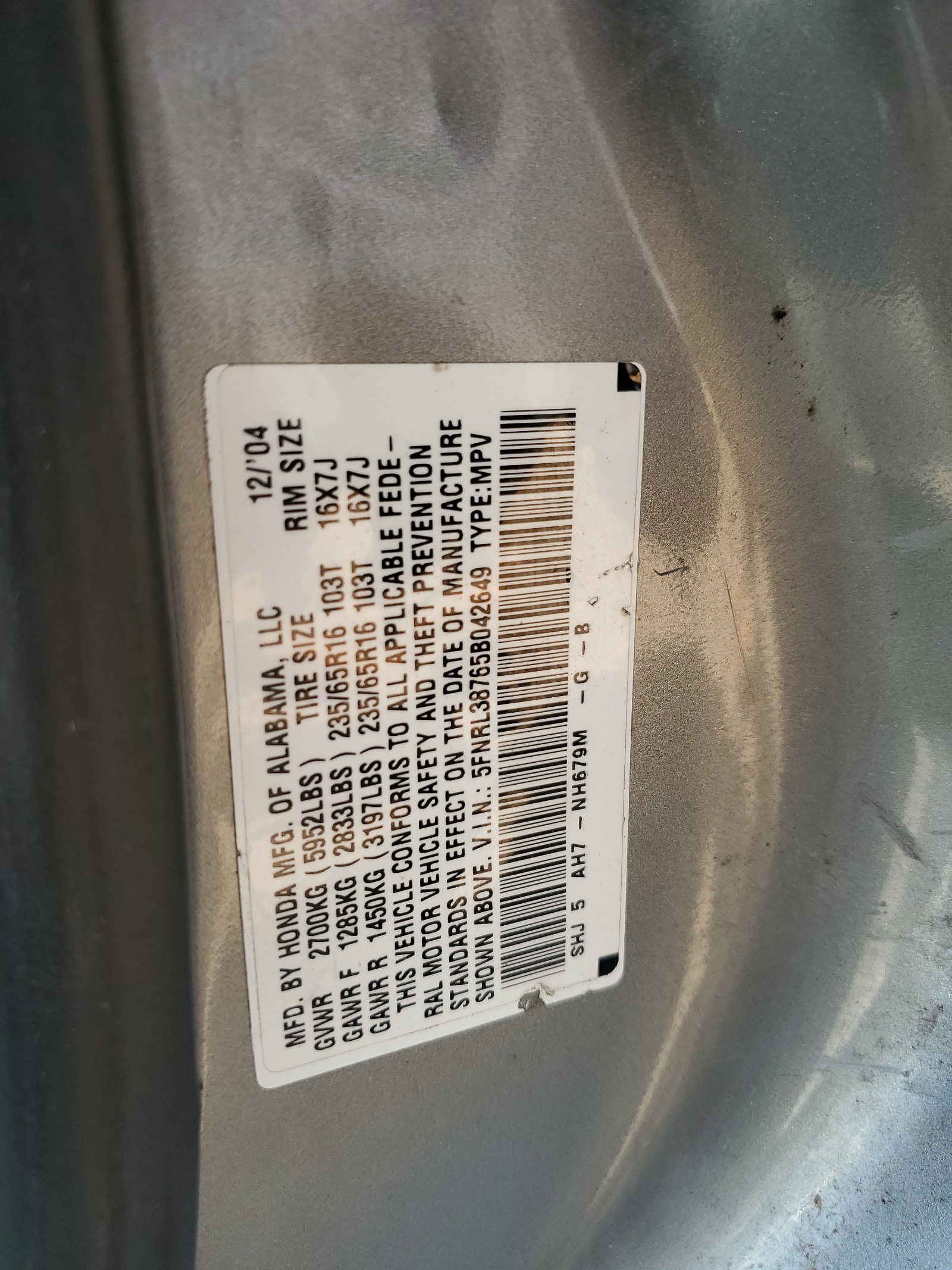 5FNRL38765B042649 2005 Honda Odyssey Exl