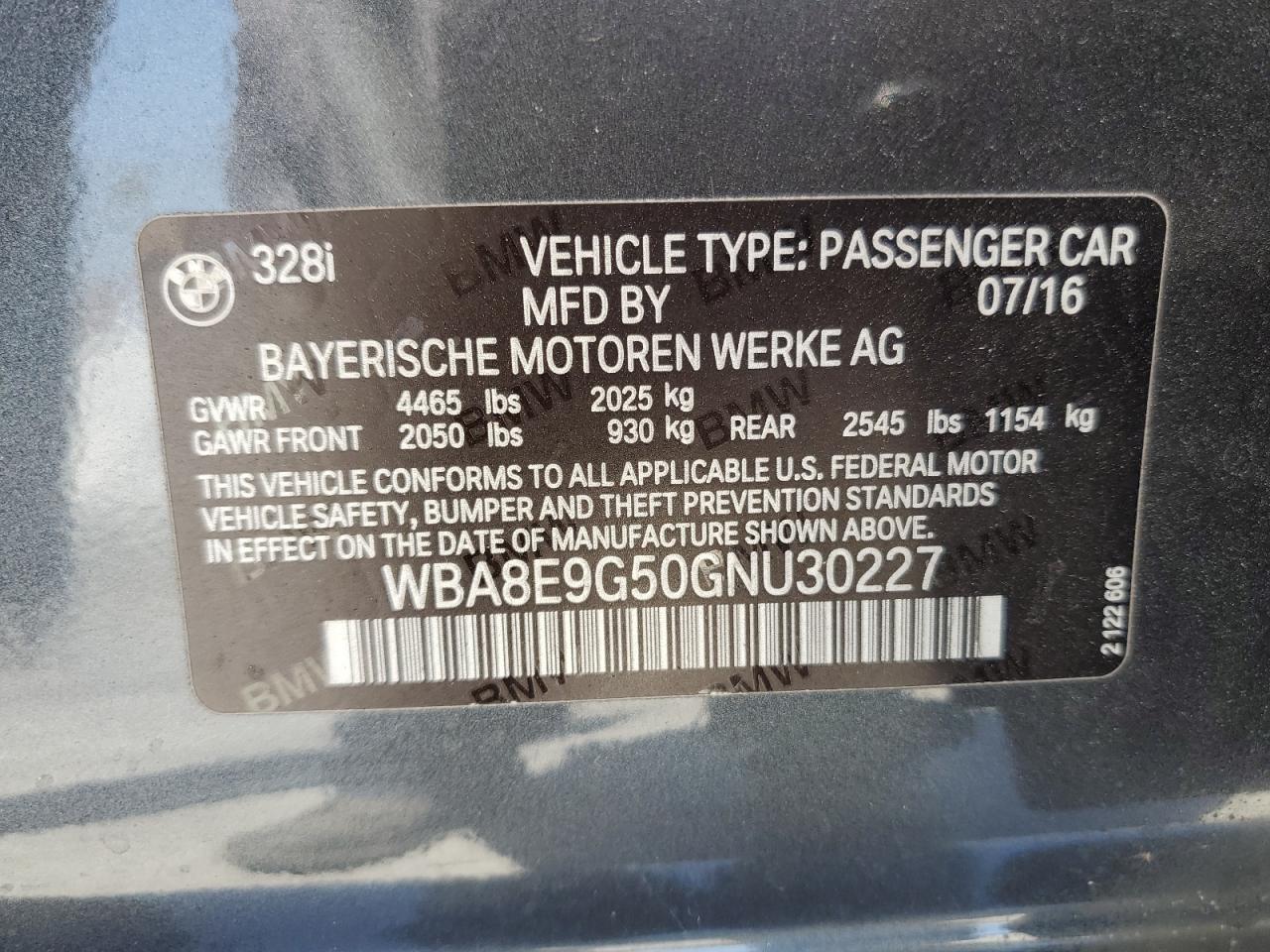 2016 BMW 328 I Sulev VIN: WBA8E9G50GNU30227 Lot: 63447474