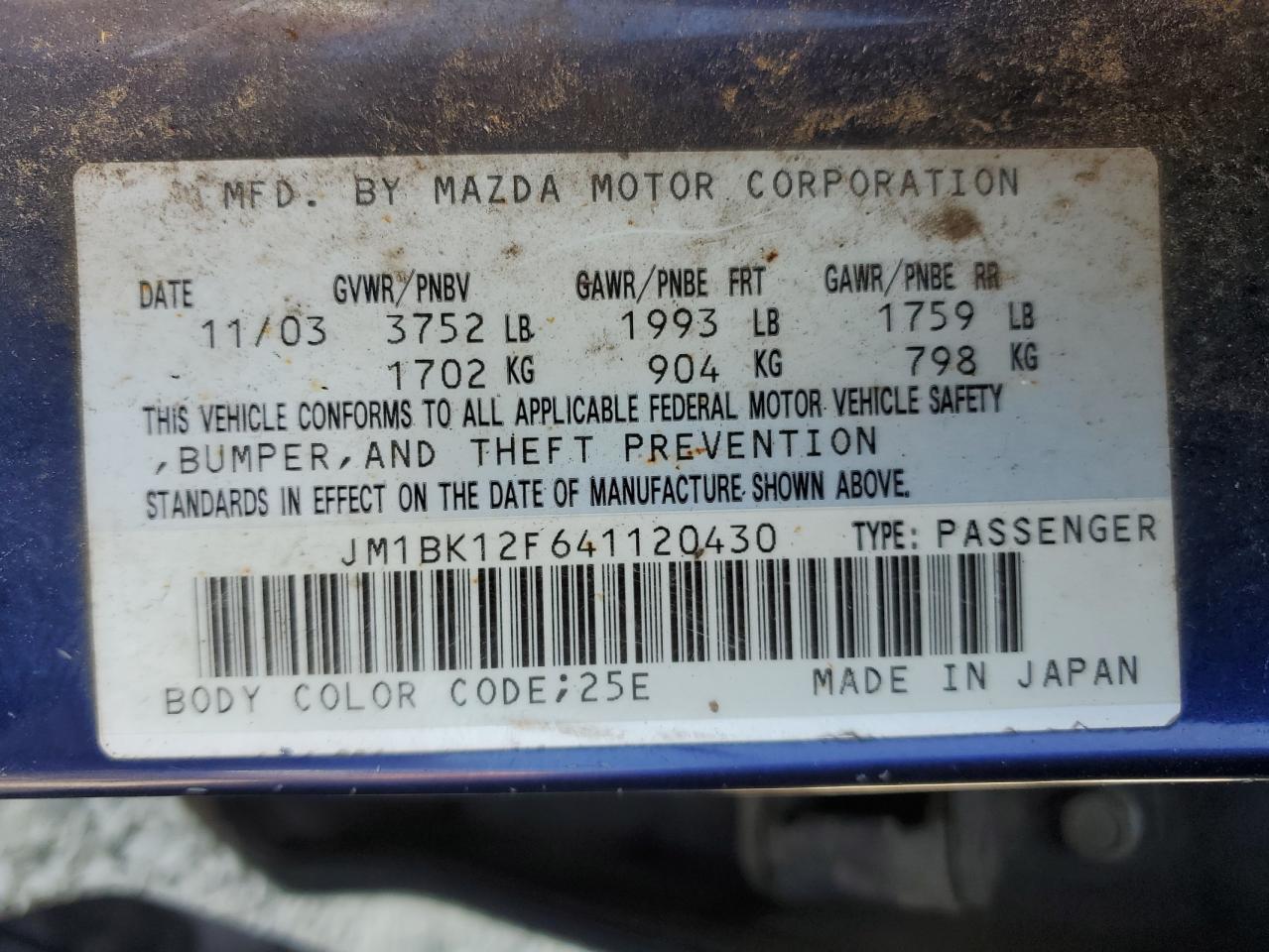 2004 Mazda 3 I VIN: JM1BK12F641120430 Lot: 64780674