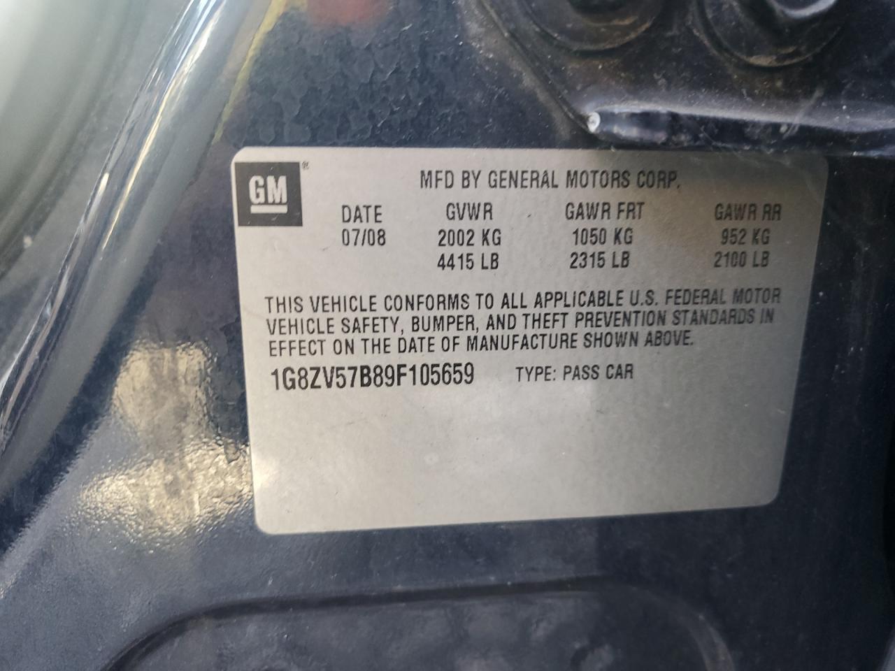 2009 Saturn Aura Xr VIN: 1G8ZV57B89F105659 Lot: 64996494