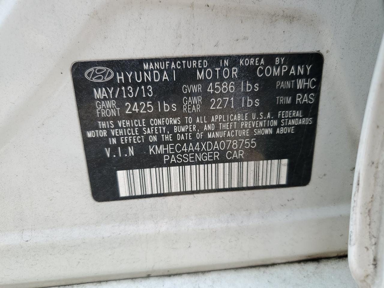 2013 Hyundai Sonata Hybrid VIN: KMHEC4A4XDA078755 Lot: 63790714