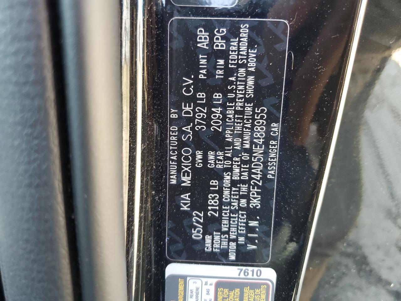 2022 Kia Forte Fe VIN: 3KPF24AD5NE488955 Lot: 62558174