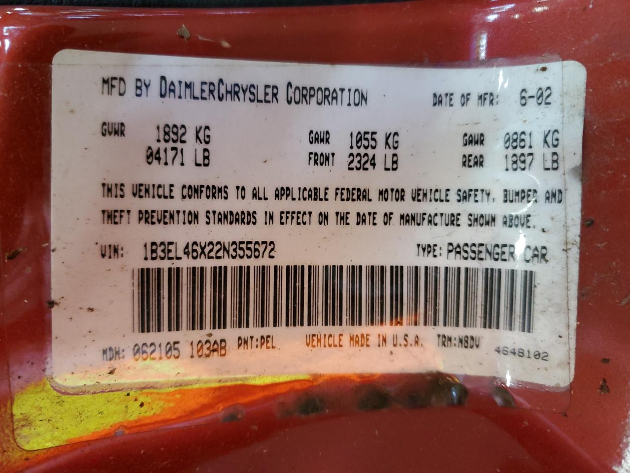 2002 Dodge Stratus Se Plus VIN: 1B3EL46X22N355672 Lot: 65365944