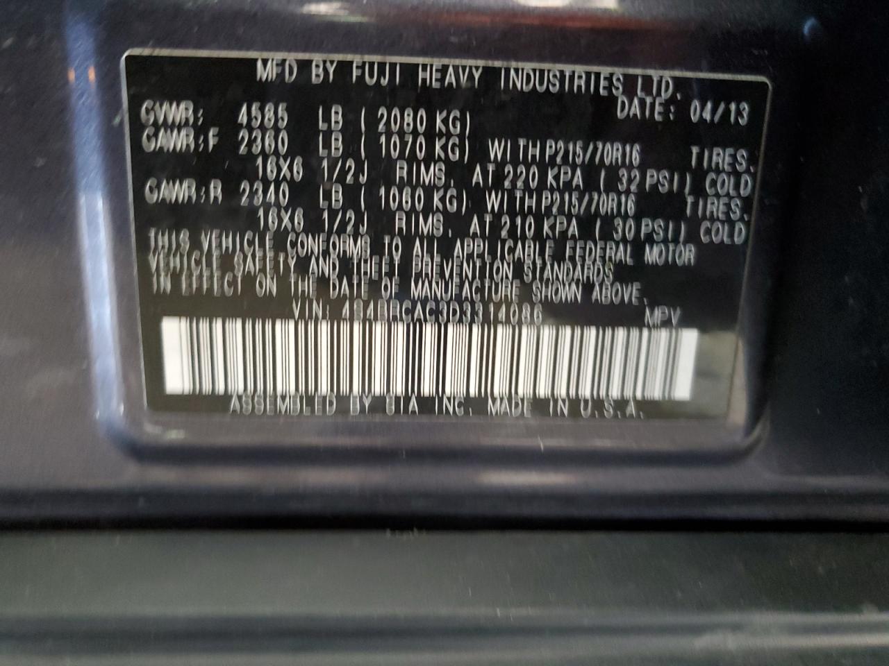 2013 Subaru Outback 2.5I VIN: 4S4BRCAC3D3314086 Lot: 63109354