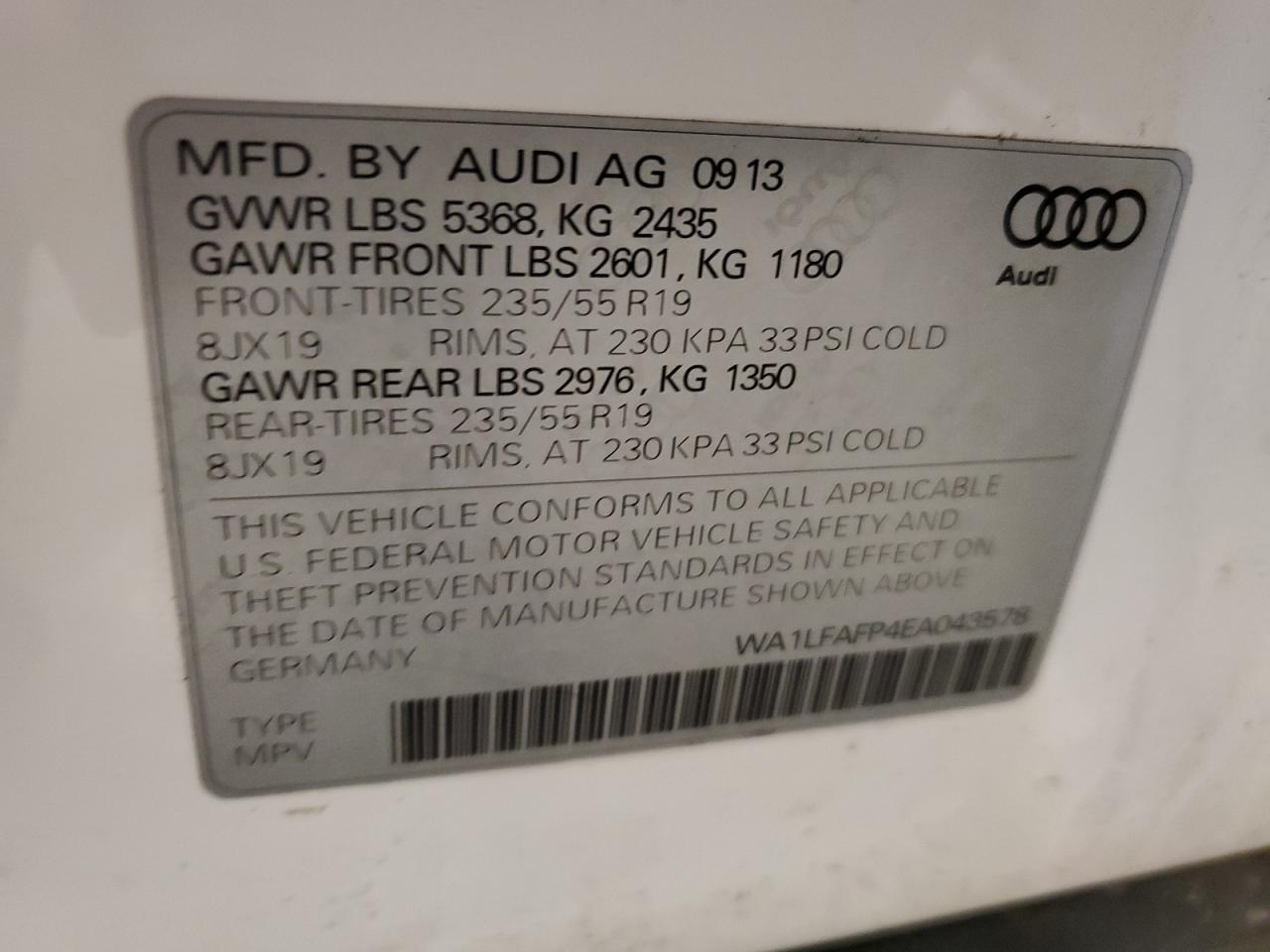 2014 Audi Q5 Premium Plus VIN: WA1LFAFP4EA043578 Lot: 60969944