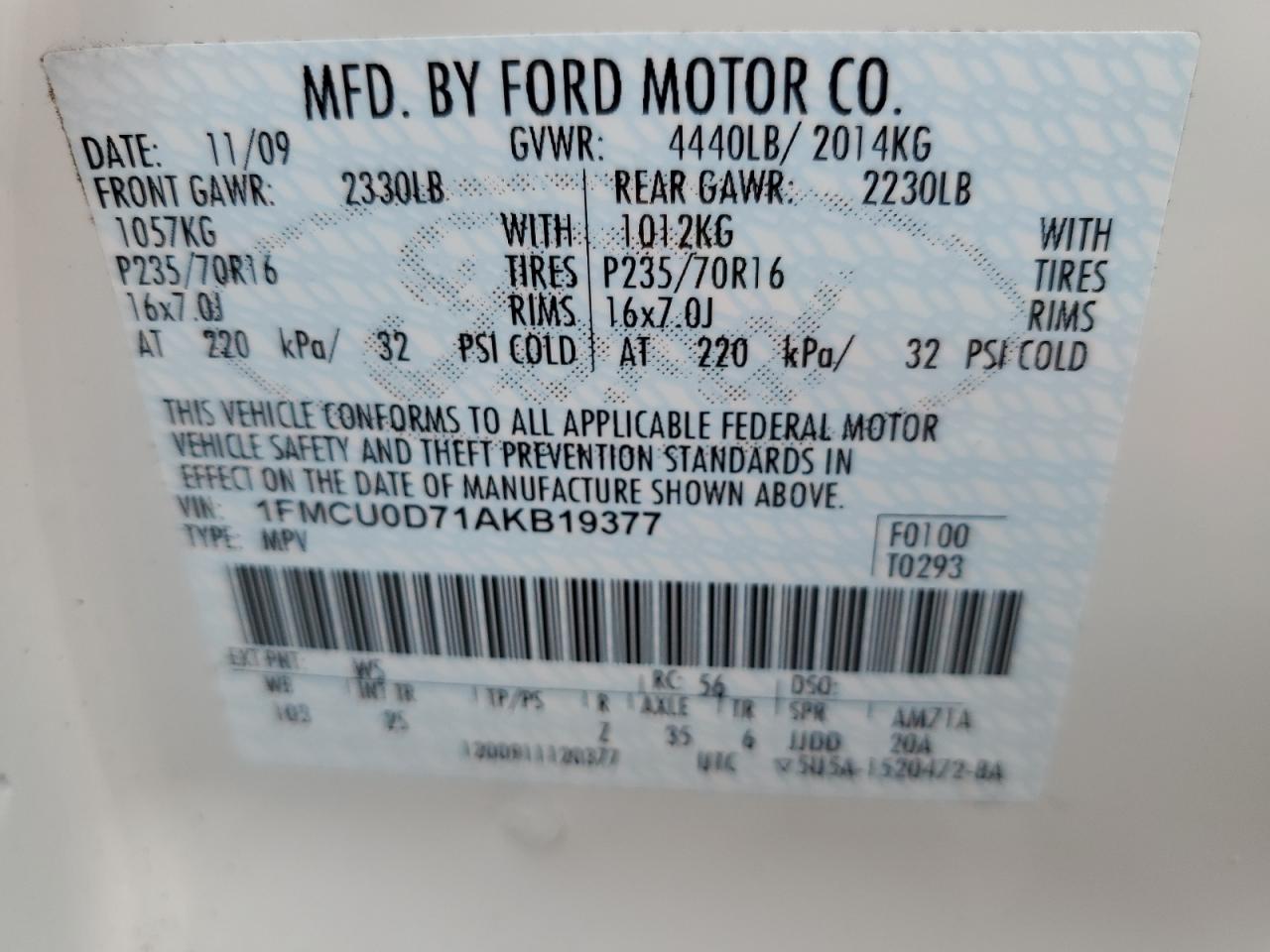 2010 Ford Escape Xlt VIN: 1FMCU0D71AKB19377 Lot: 64206734