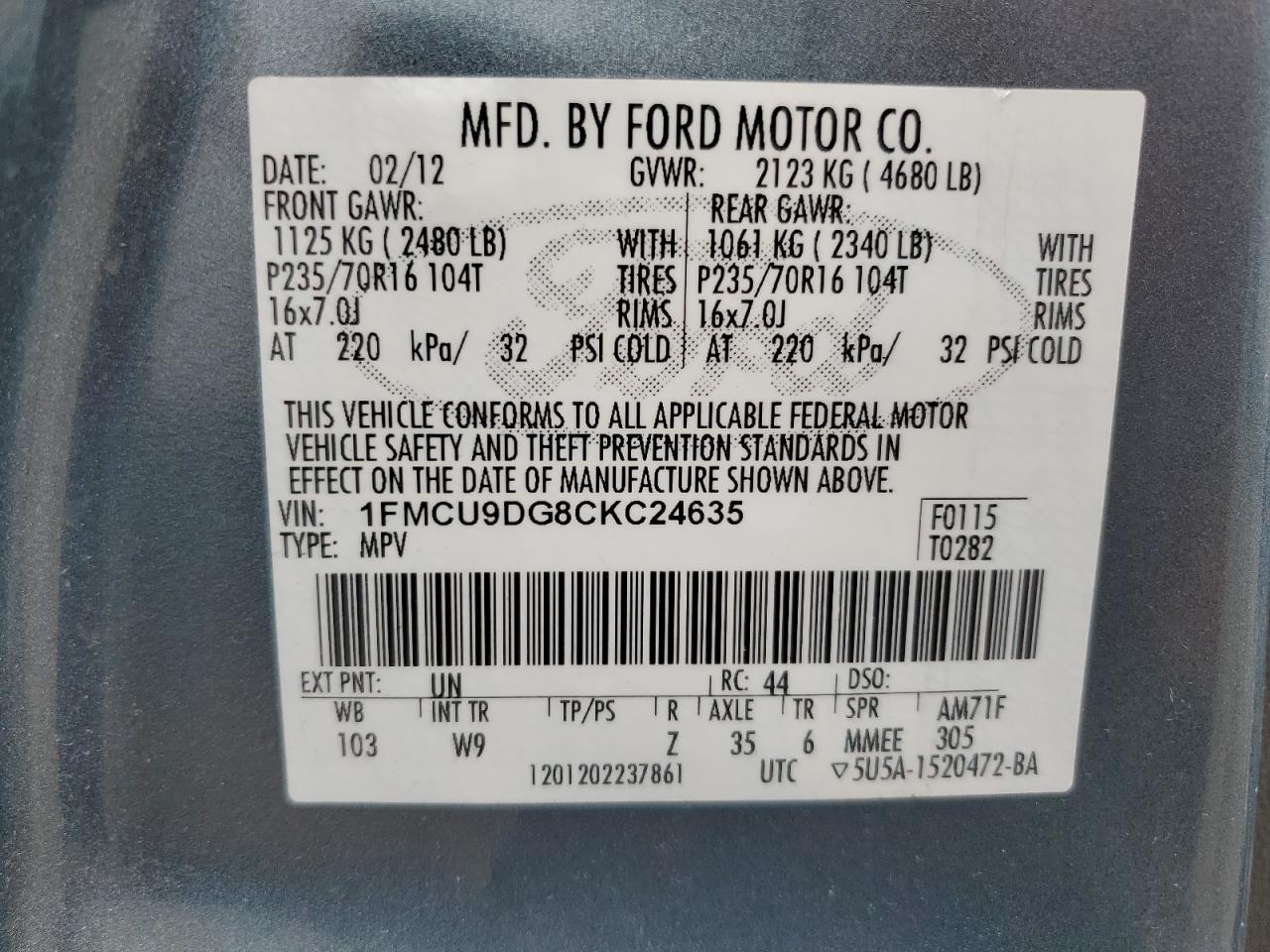2012 Ford Escape Xlt VIN: 1FMCU9DG8CKC24635 Lot: 65103124