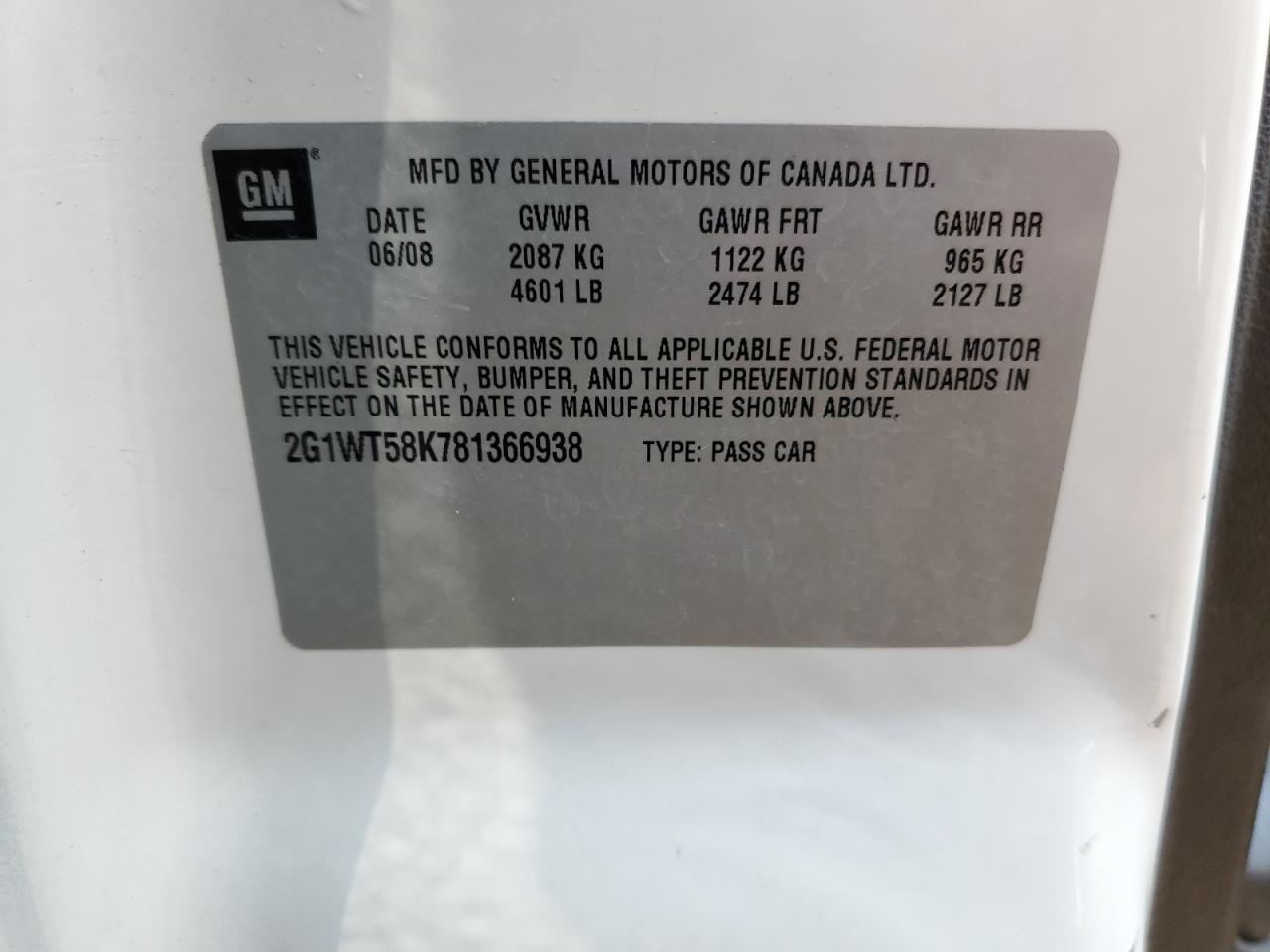 2008 Chevrolet Impala Lt VIN: 2G1WT58K781366938 Lot: 62858224