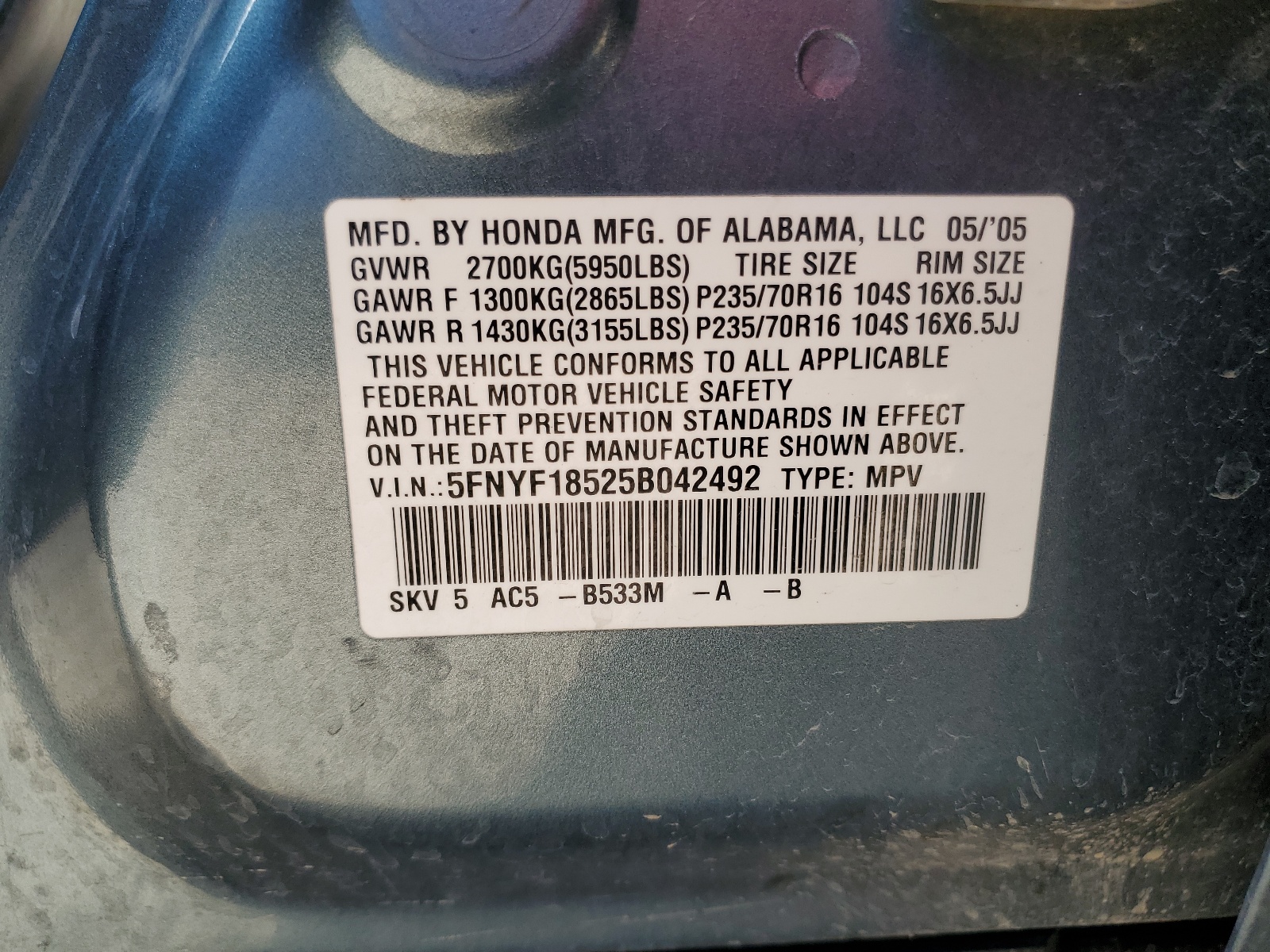 5FNYF18525B042492 2005 Honda Pilot Exl