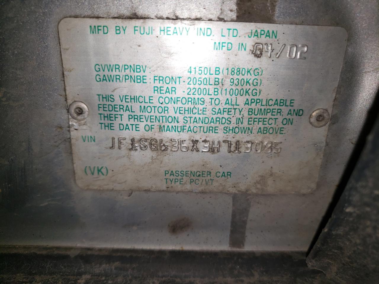 2003 Subaru Forester 2.5X VIN: JF1SG636X3H713085 Lot: 62326564