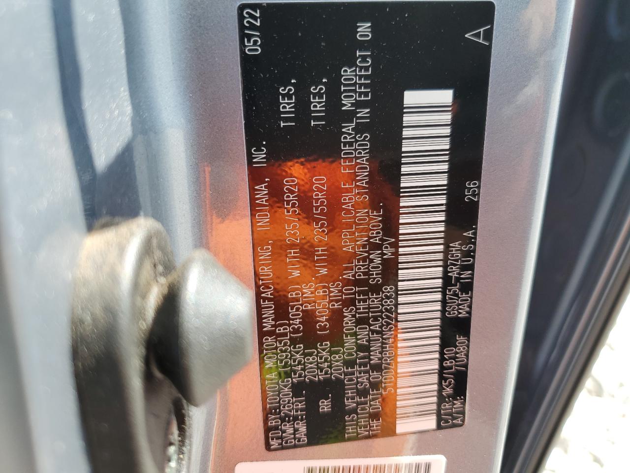 2022 Toyota Highlander Limited VIN: 5TDDZRBH4NS223838 Lot: 63253304