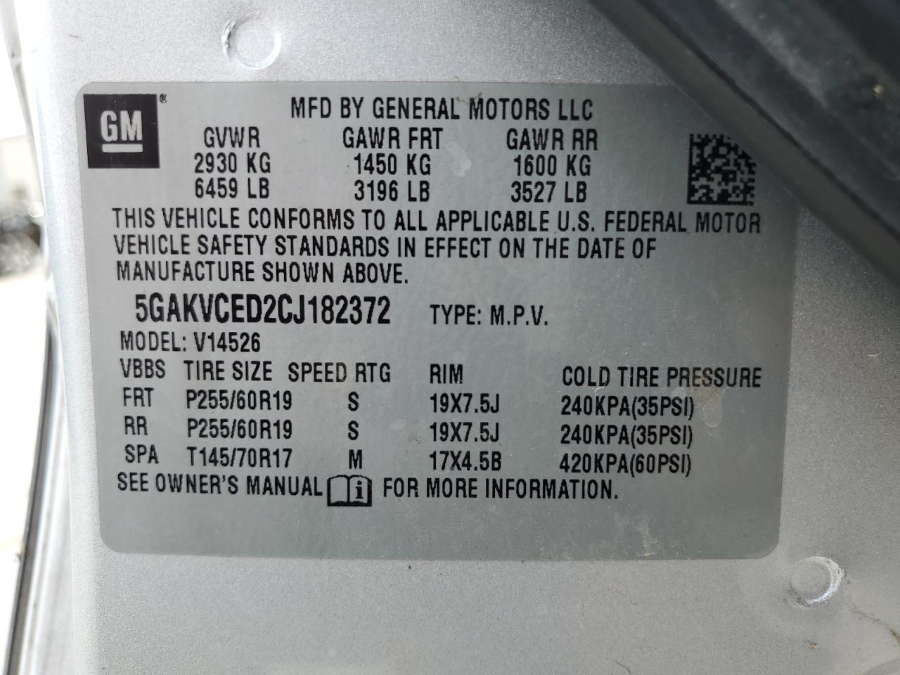 2012 Buick Enclave VIN: 5GAKVCED2CJ182372 Lot: 64409164