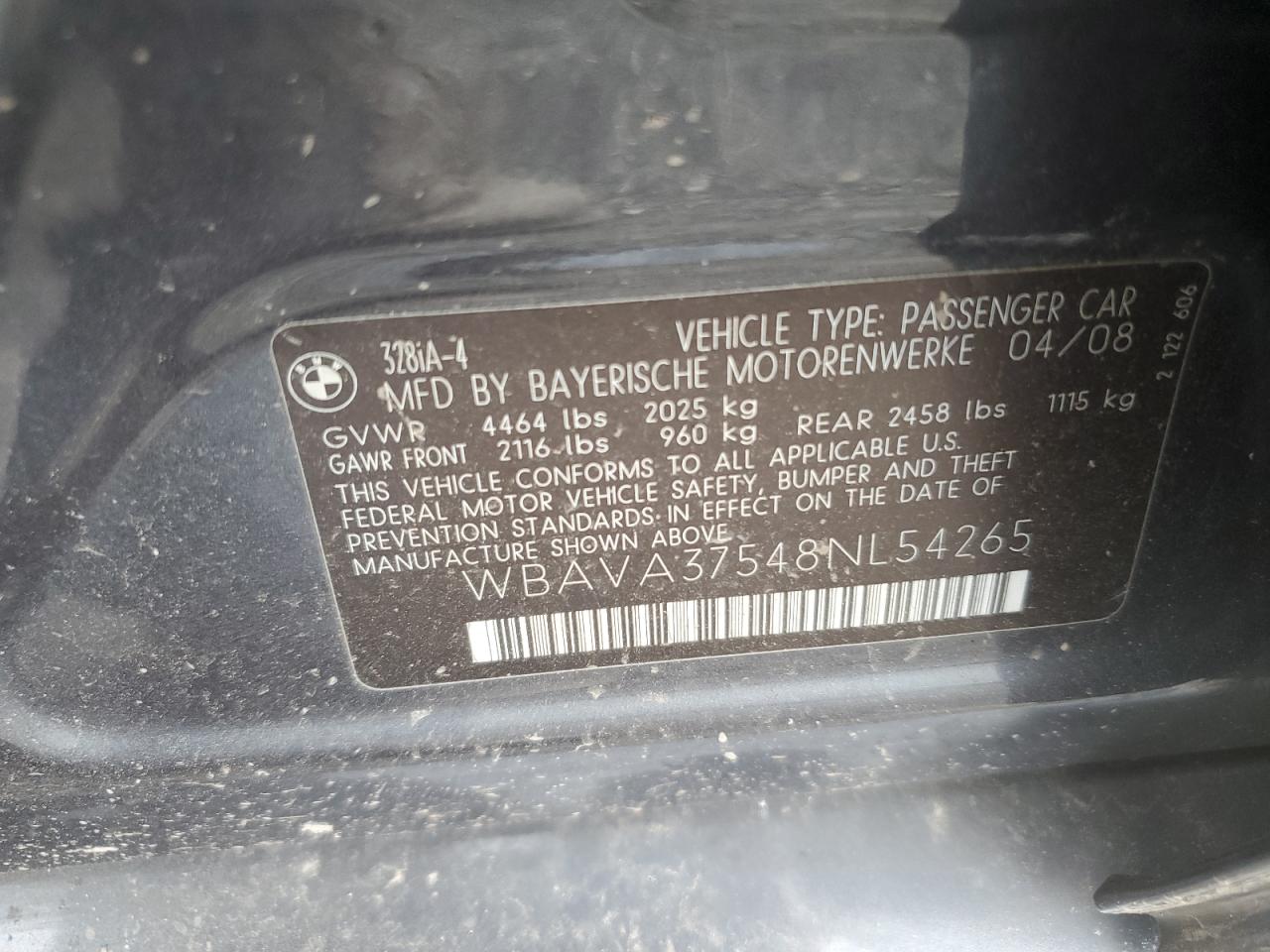 2008 BMW 328 I VIN: WBAVA37548NL54265 Lot: 61193414