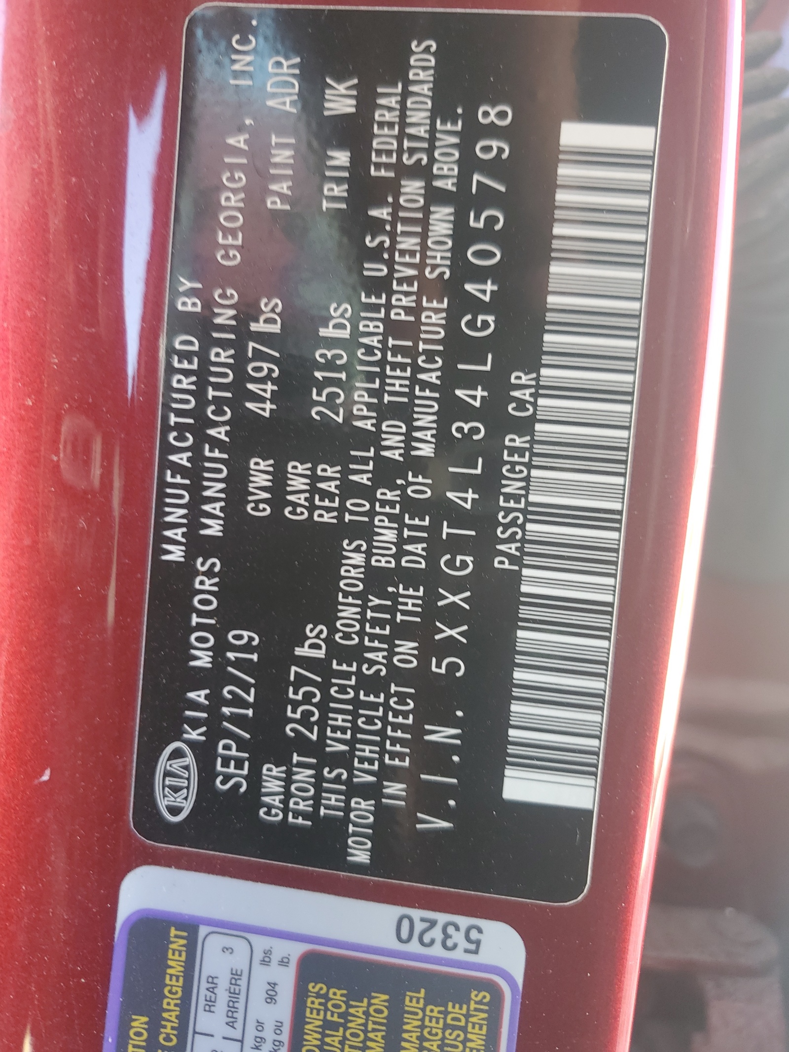 5XXGT4L34LG405798 2020 Kia Optima Lx