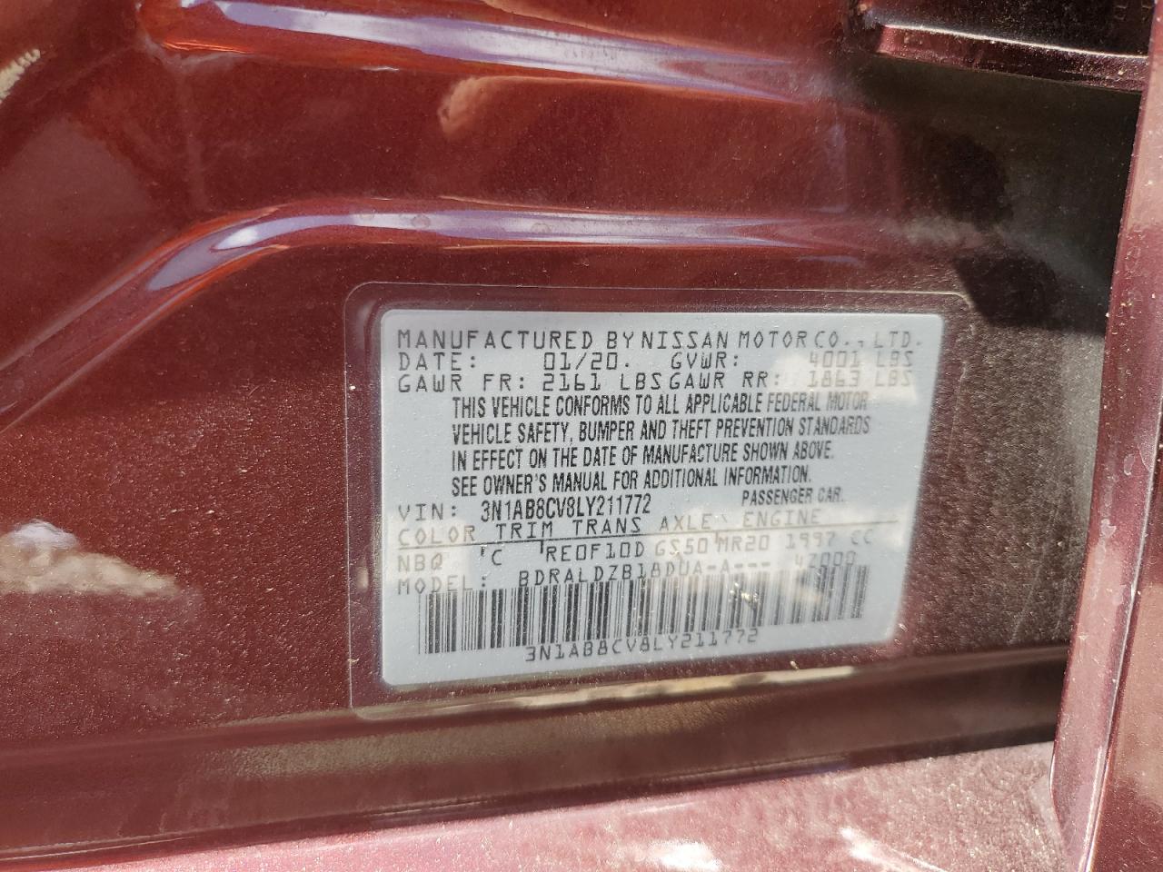 2020 Nissan Sentra Sv VIN: 3N1AB8CV8LY211772 Lot: 64293474