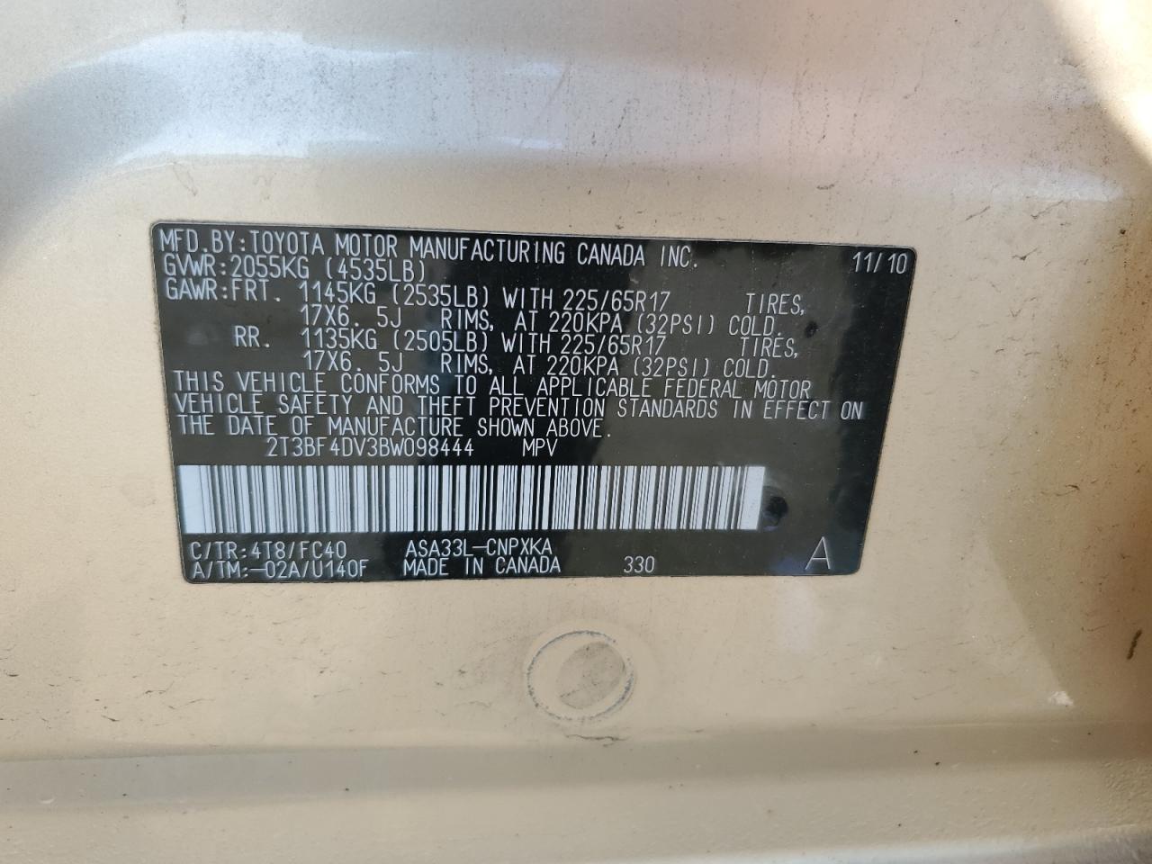 2011 Toyota Rav4 VIN: 2T3BF4DV3BW098444 Lot: 62556734