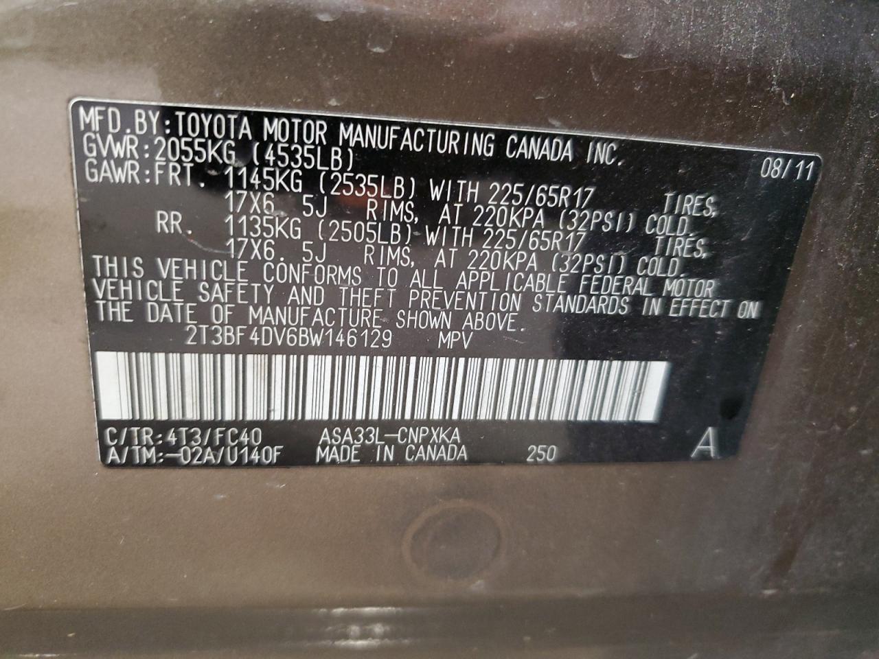 2011 Toyota Rav4 VIN: 2T3BF4DV6BW146129 Lot: 64943674