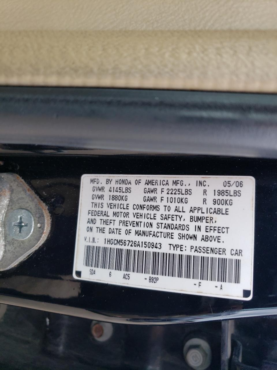 1HGCM56726A150943 2006 Honda Accord Ex