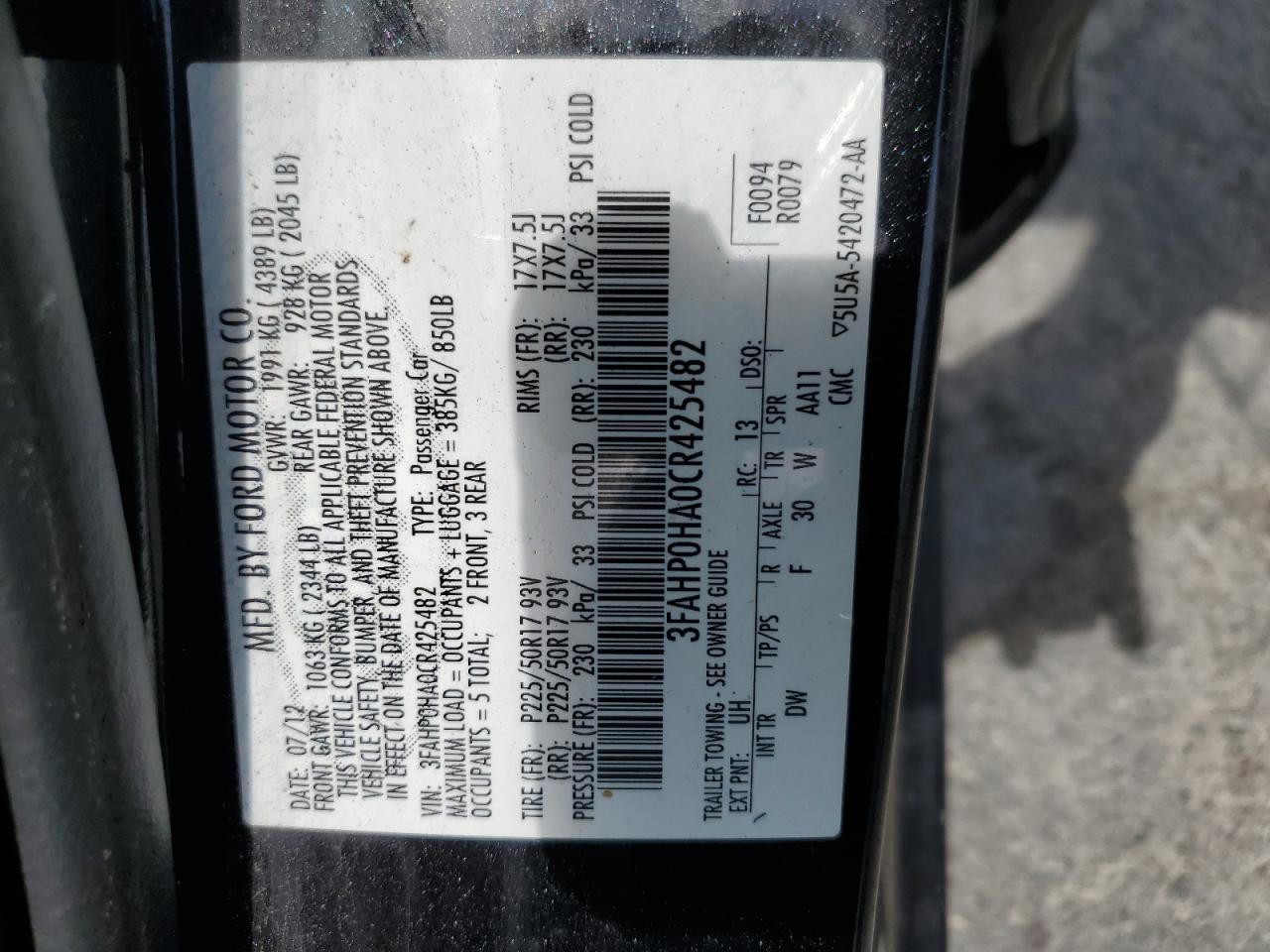 2012 Ford Fusion Se VIN: 3FAHP0HA0CR425482 Lot: 62484454
