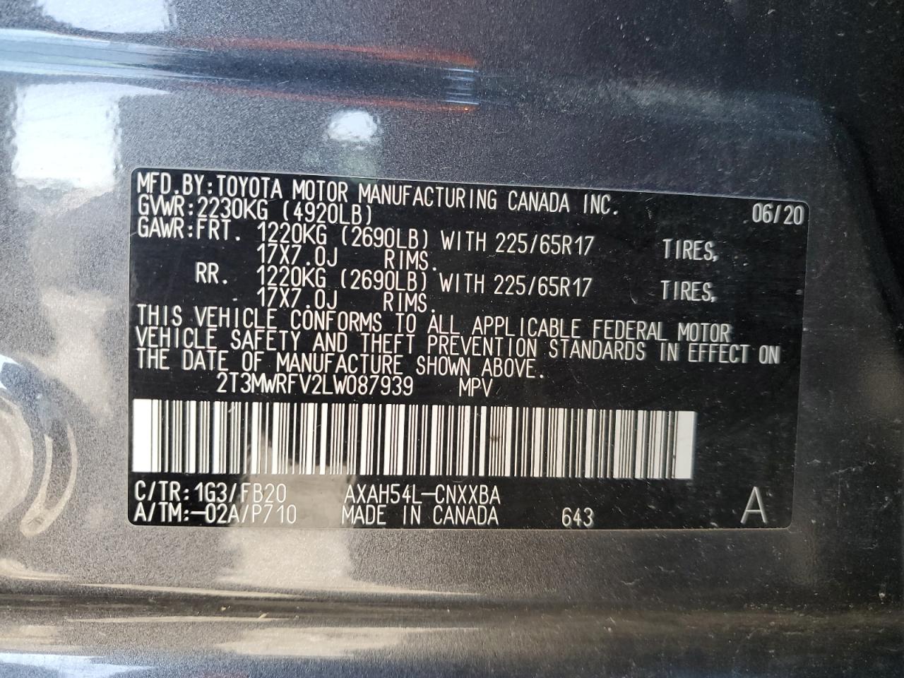 2020 Toyota Rav4 Le VIN: 2T3MWRFV2LW087939 Lot: 63110304