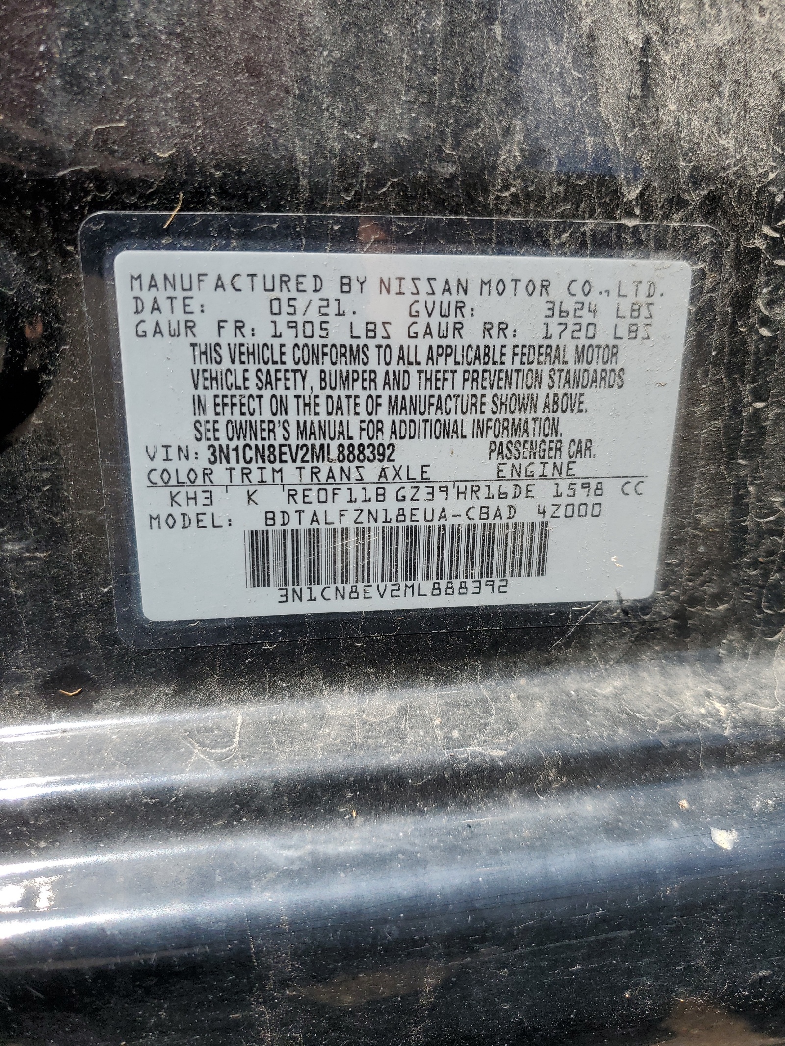 3N1CN8EV2ML888392 2021 Nissan Versa Sv