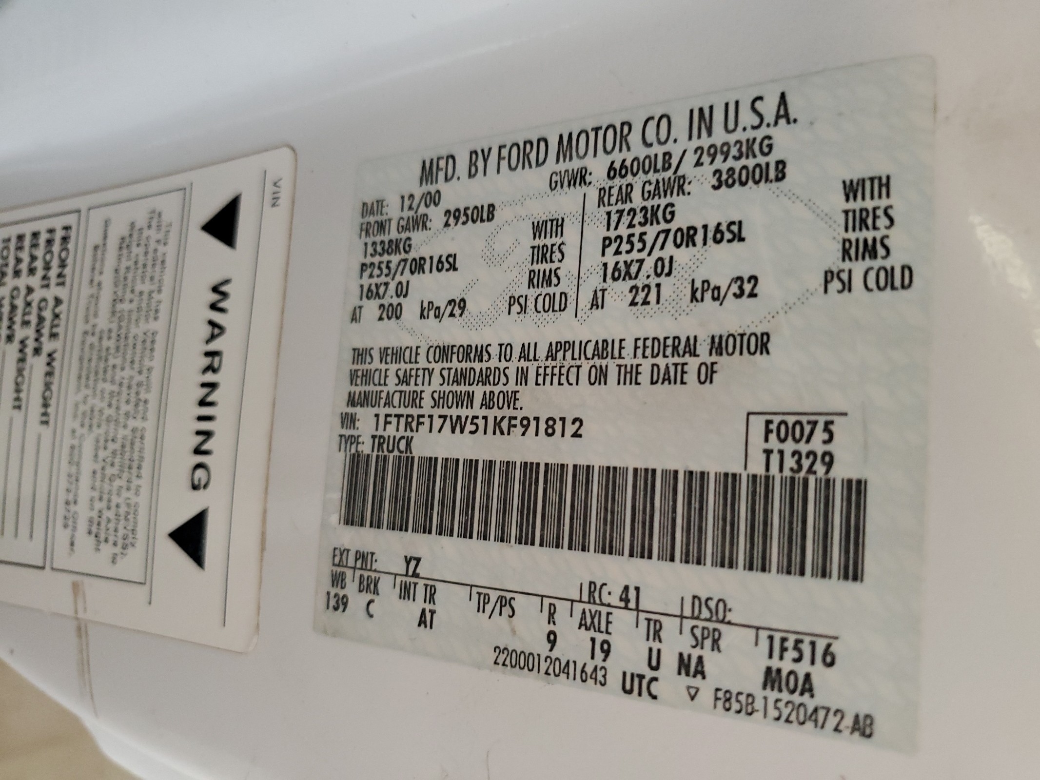 1FTRF17W51KF91812 2001 Ford F150