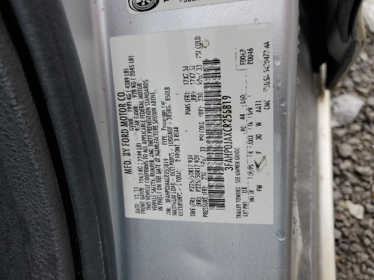 2012 Ford Fusion Sel VIN: 3FAHP0JAXCR255819 Lot: 63462824