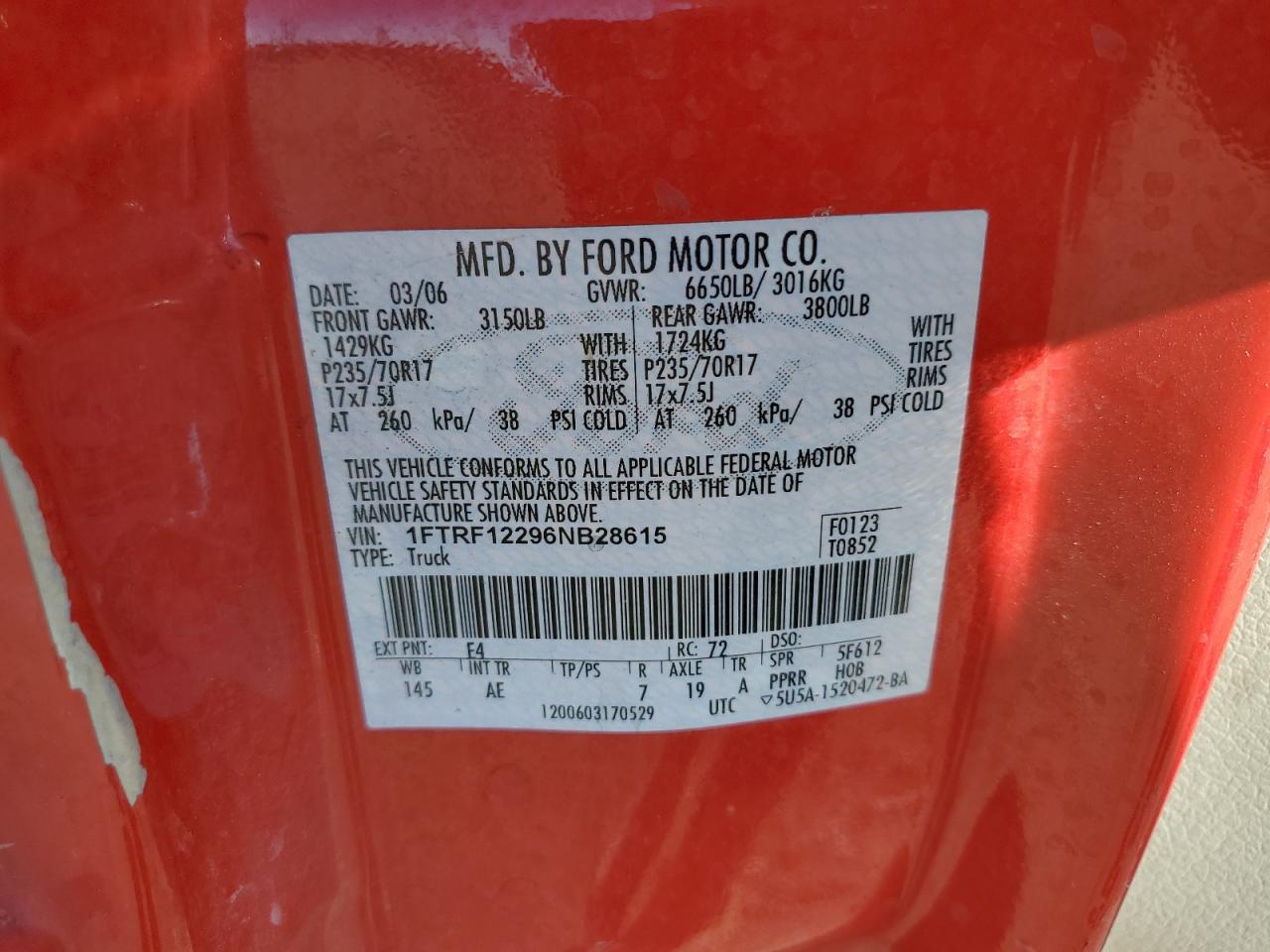 2006 Ford F150 VIN: 1FTRF12296NB28615 Lot: 64566714