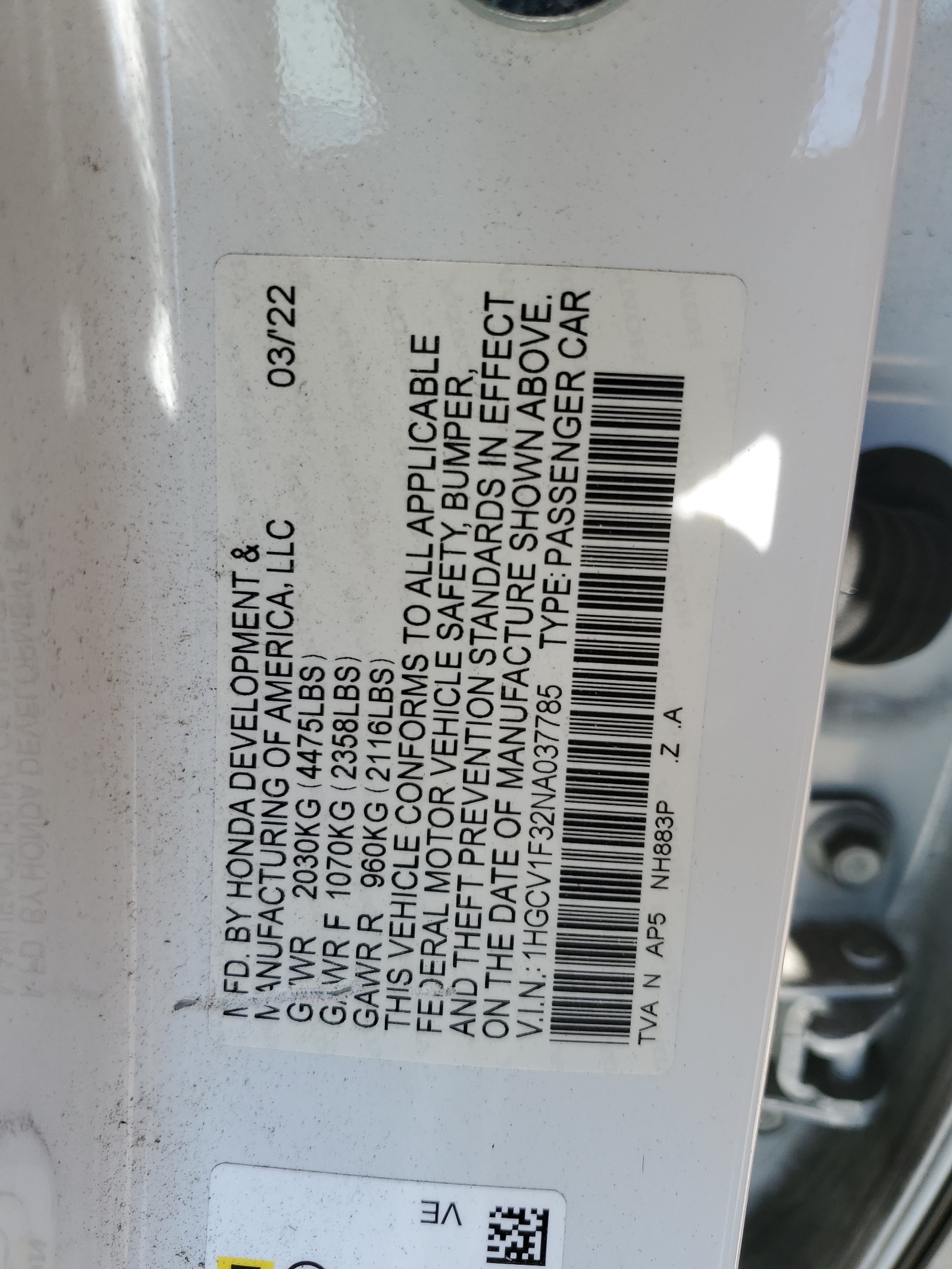 1HGCV1F32NA037785 2022 Honda Accord Sport