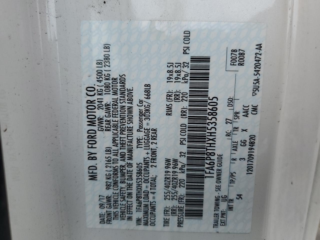 2017 Ford Mustang VIN: 1FA6P8THXH5358605 Lot: 62864854