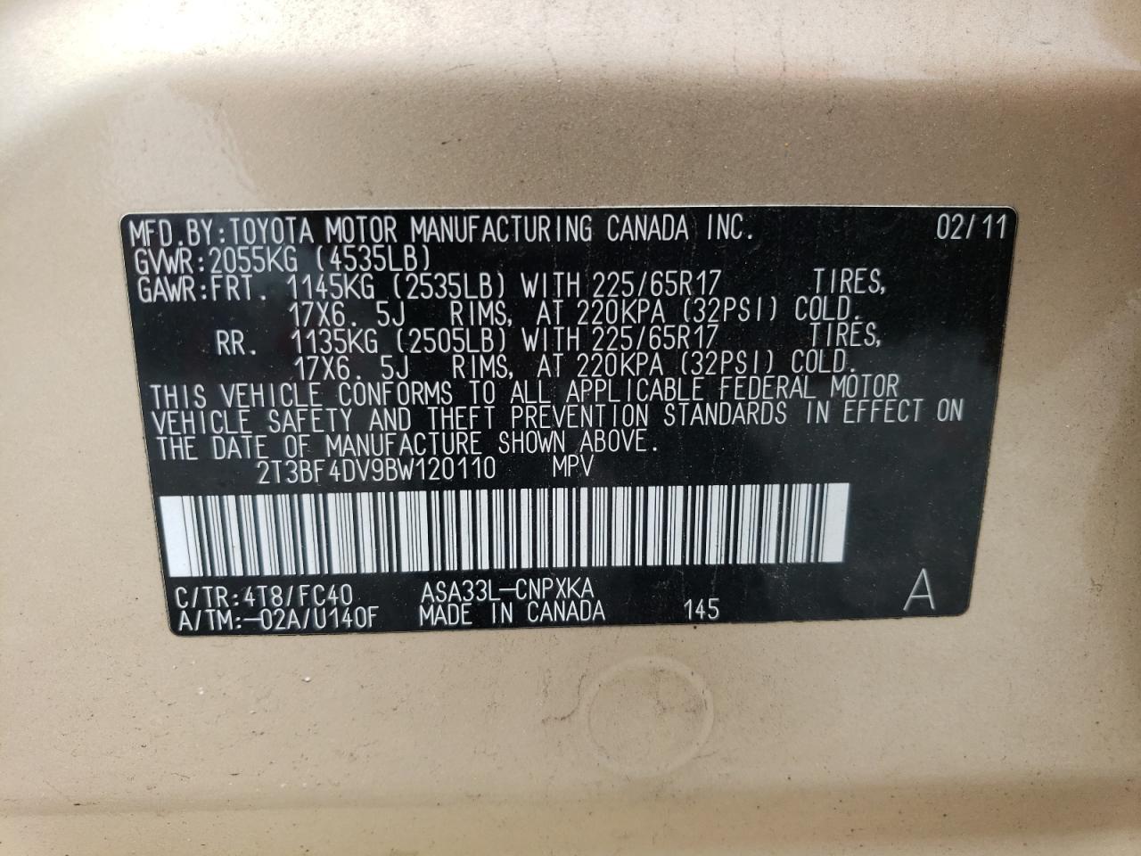 2011 Toyota Rav4 VIN: 2T3BF4DV9BW120110 Lot: 64145954