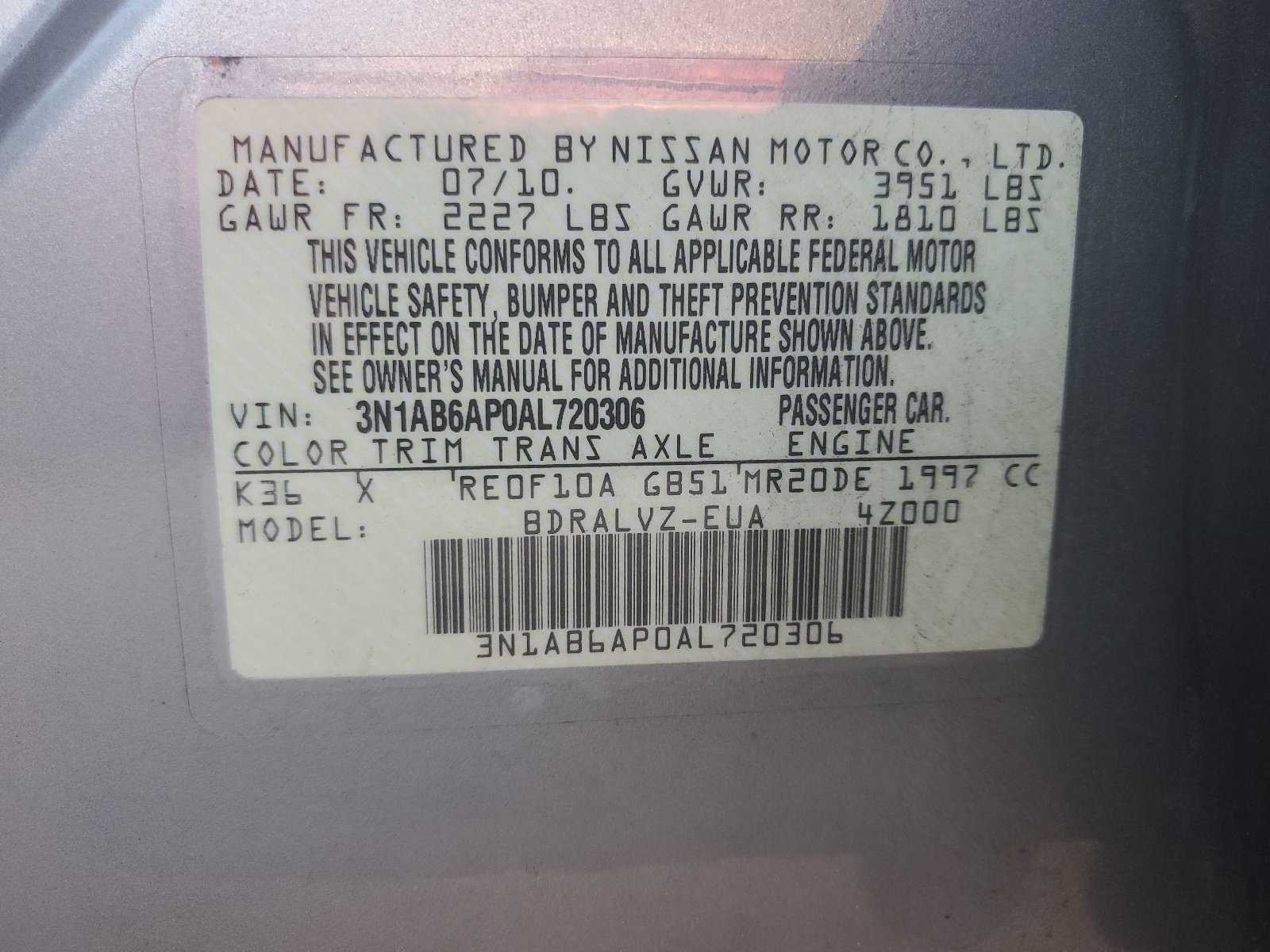 3N1AB6AP0AL720306 2010 Nissan Sentra 2.0