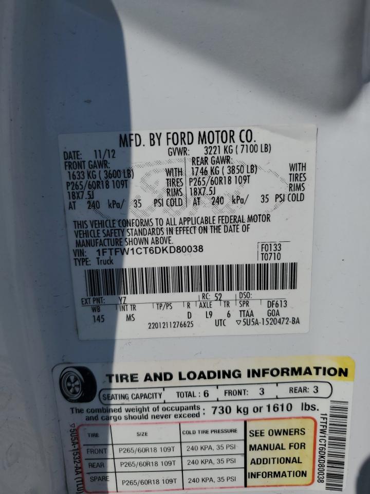 2013 Ford F150 Supercrew VIN: 1FTFW1CT6DKD80038 Lot: 61835744