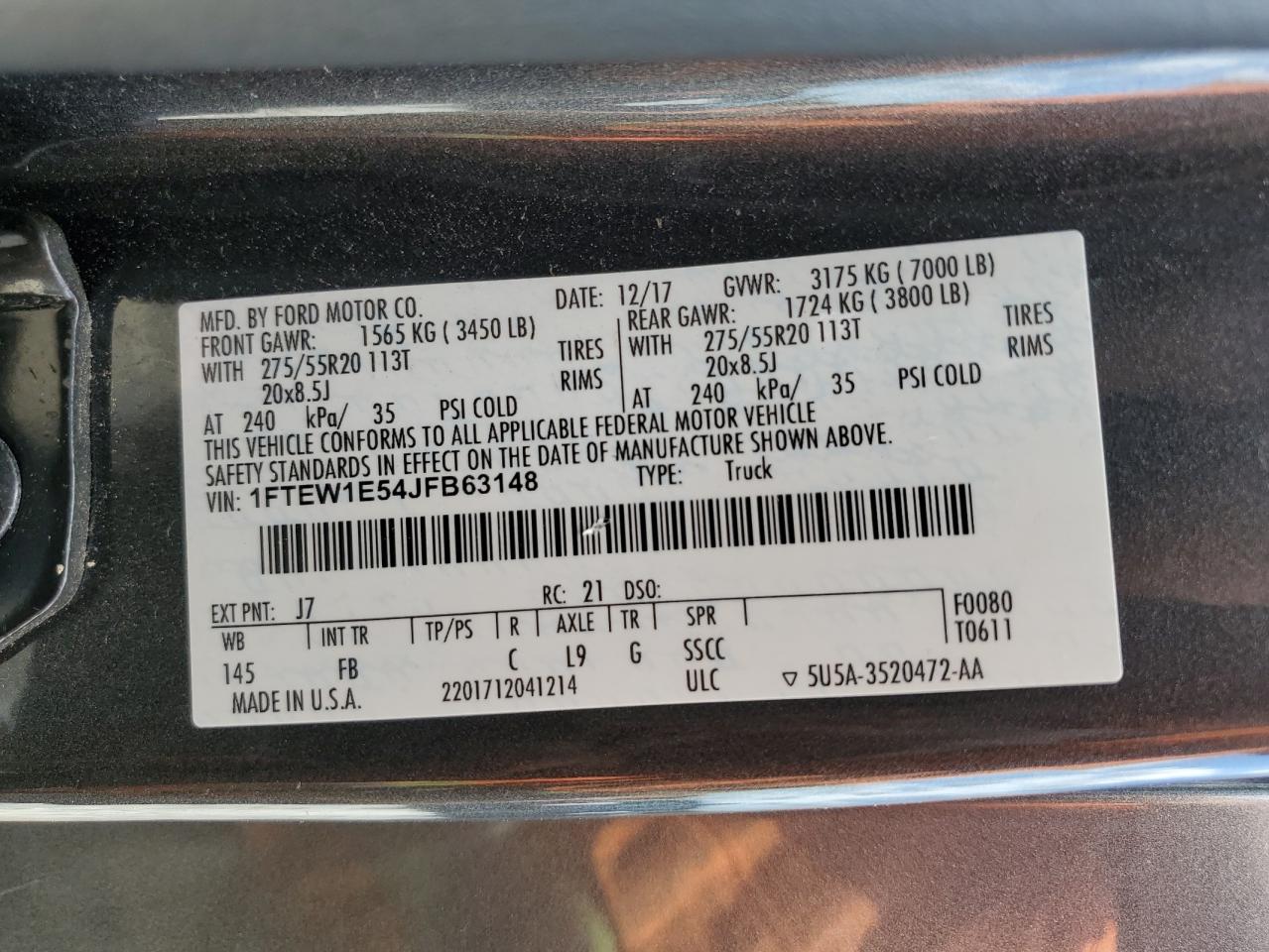 2018 Ford F150 Supercrew VIN: 1FTEW1E54JFB63148 Lot: 62133124