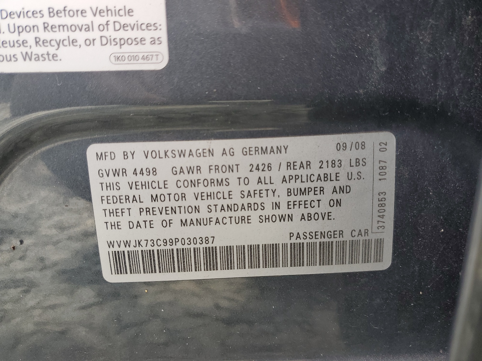 WVWJK73C99P030387 2009 Volkswagen Passat Turbo