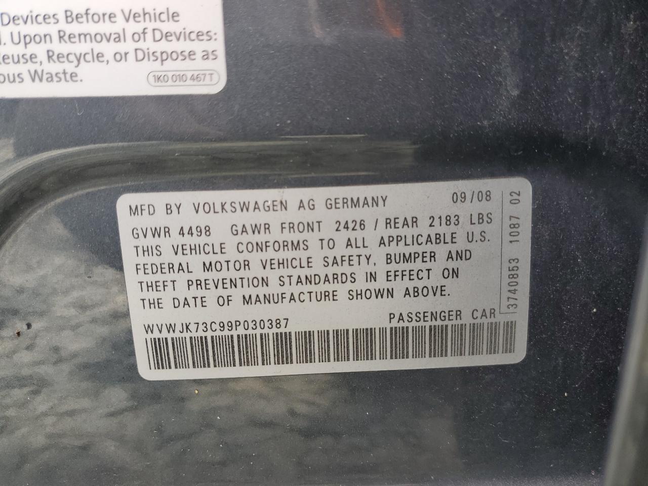 2009 Volkswagen Passat Turbo VIN: WVWJK73C99P030387 Lot: 62745904