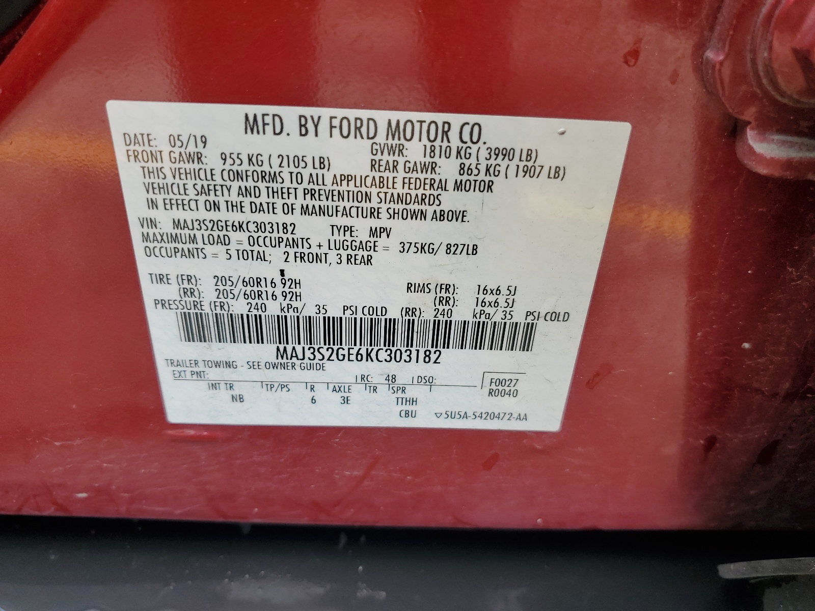 MAJ3S2GE6KC303182 2019 Ford Ecosport Se