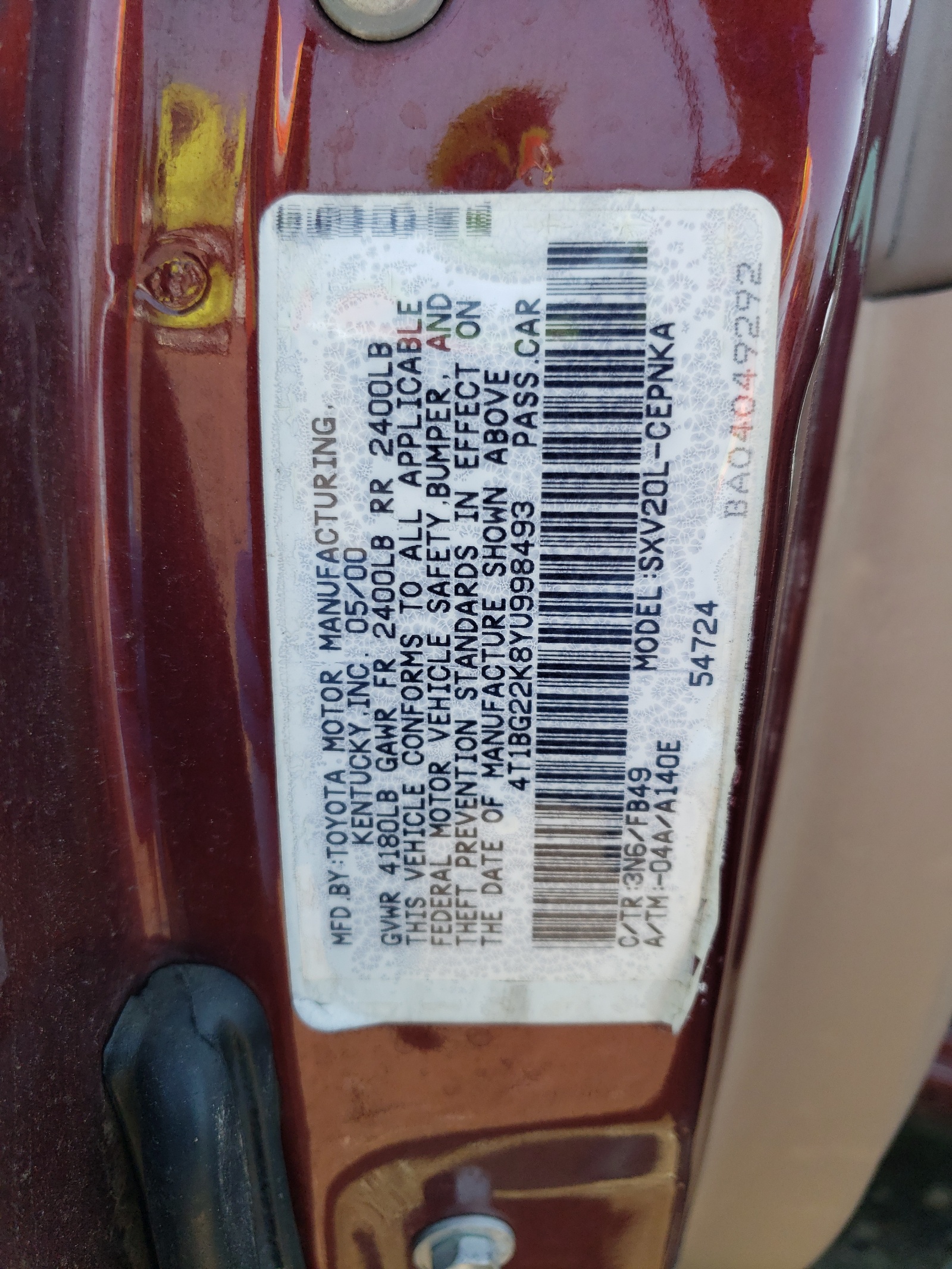 4T1BG22K8YU998493 2000 Toyota Camry Ce