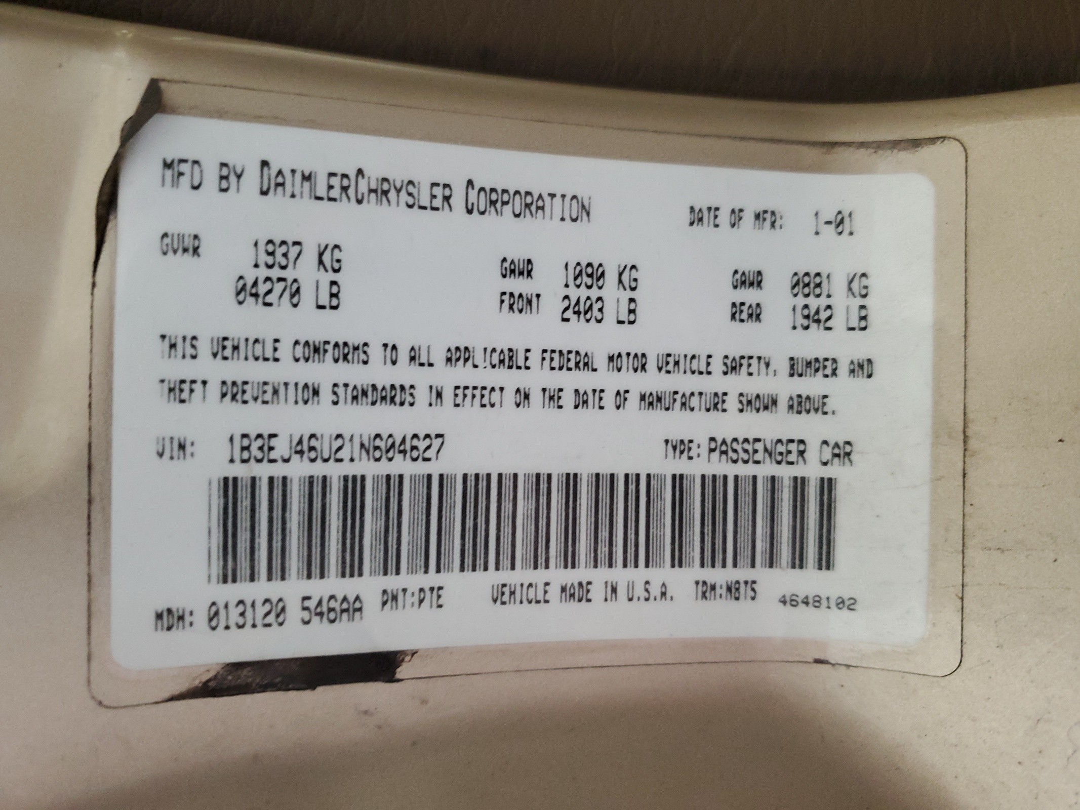 1B3EJ46U21N604627 2001 Dodge Stratus Se