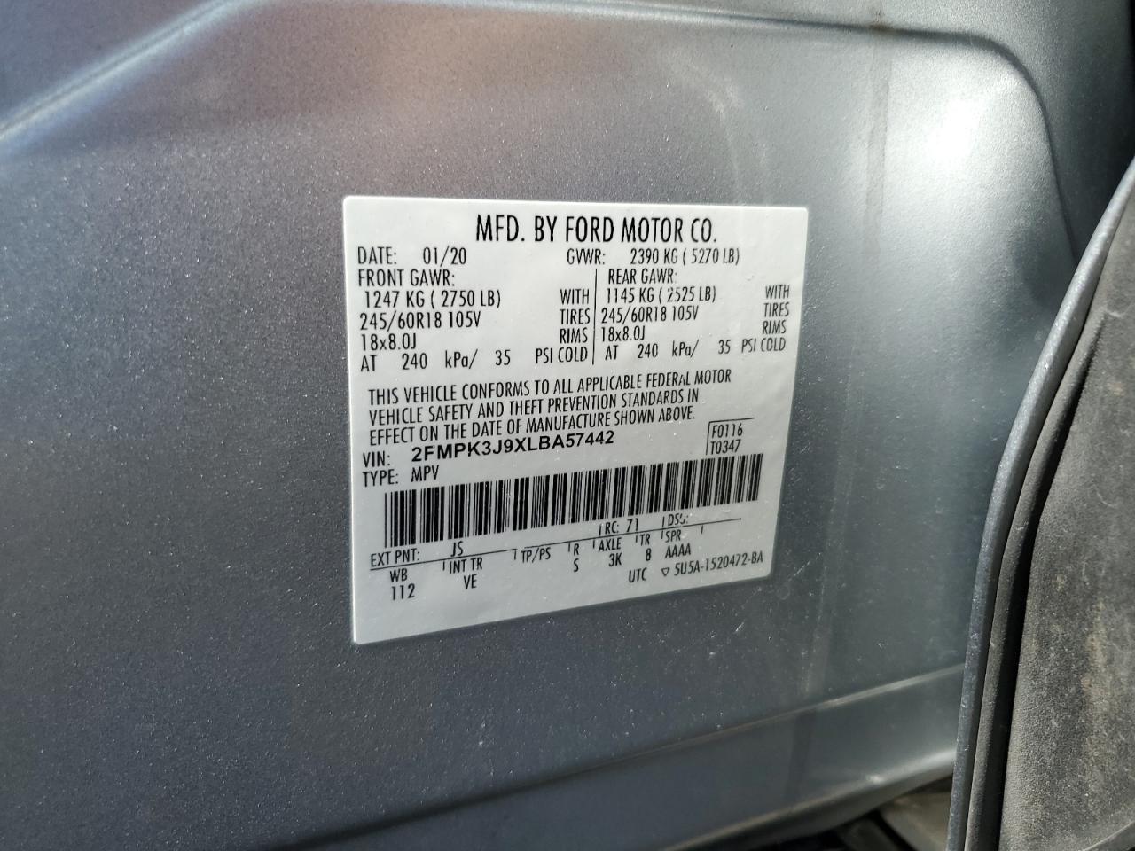 2020 Ford Edge Sel VIN: 2FMPK3J9XLBA57442 Lot: 65360464