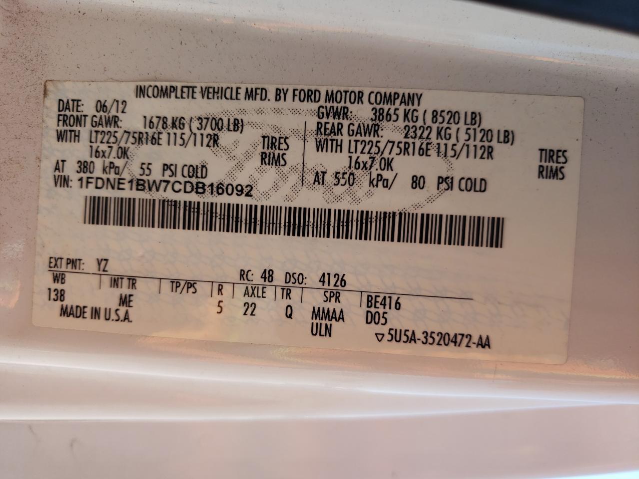 2012 Ford Econoline E150 Wagon VIN: 1FDNE1BW7CDB16092 Lot: 64103394