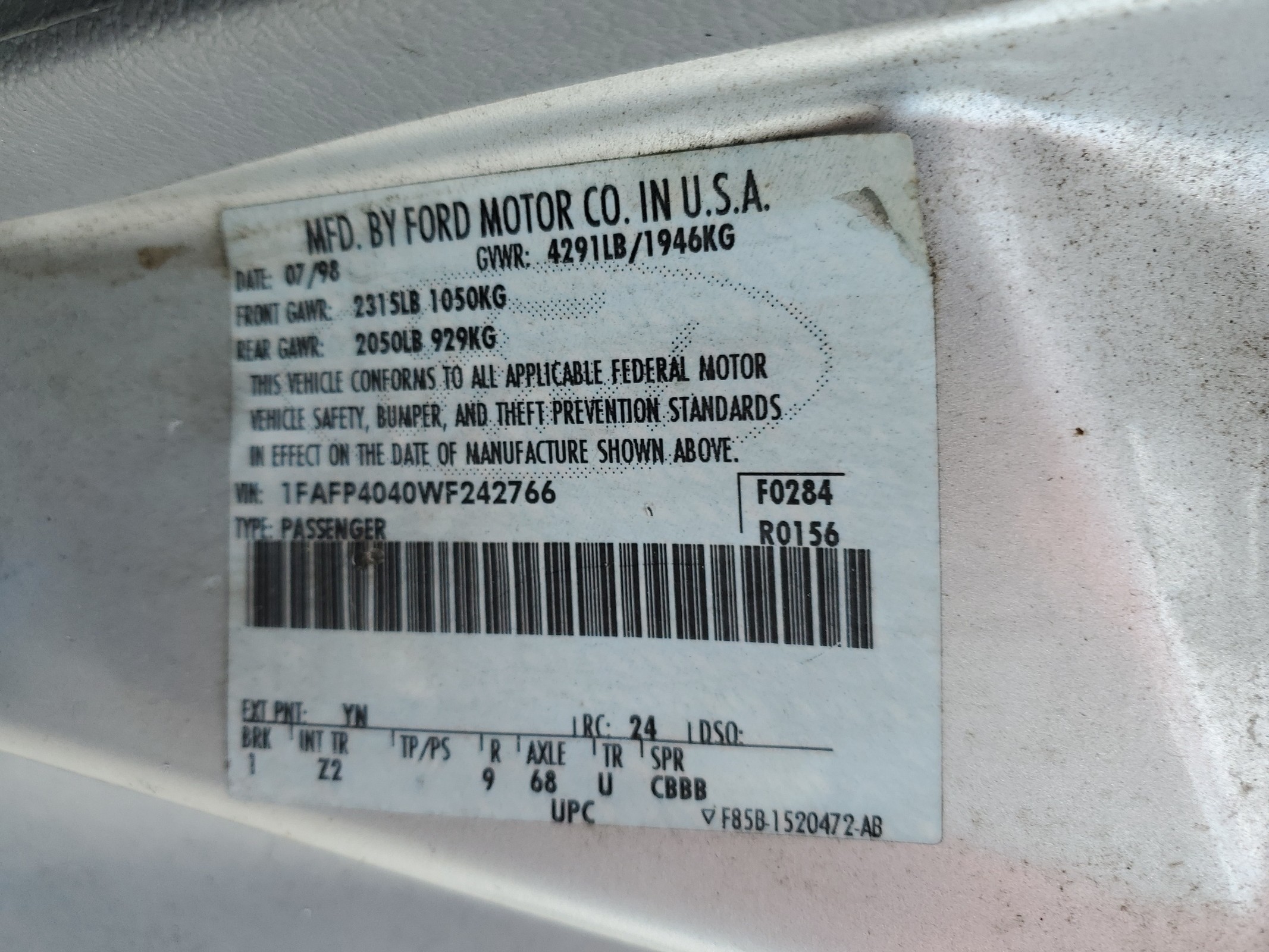 1FAFP4040WF242766 1998 Ford Mustang