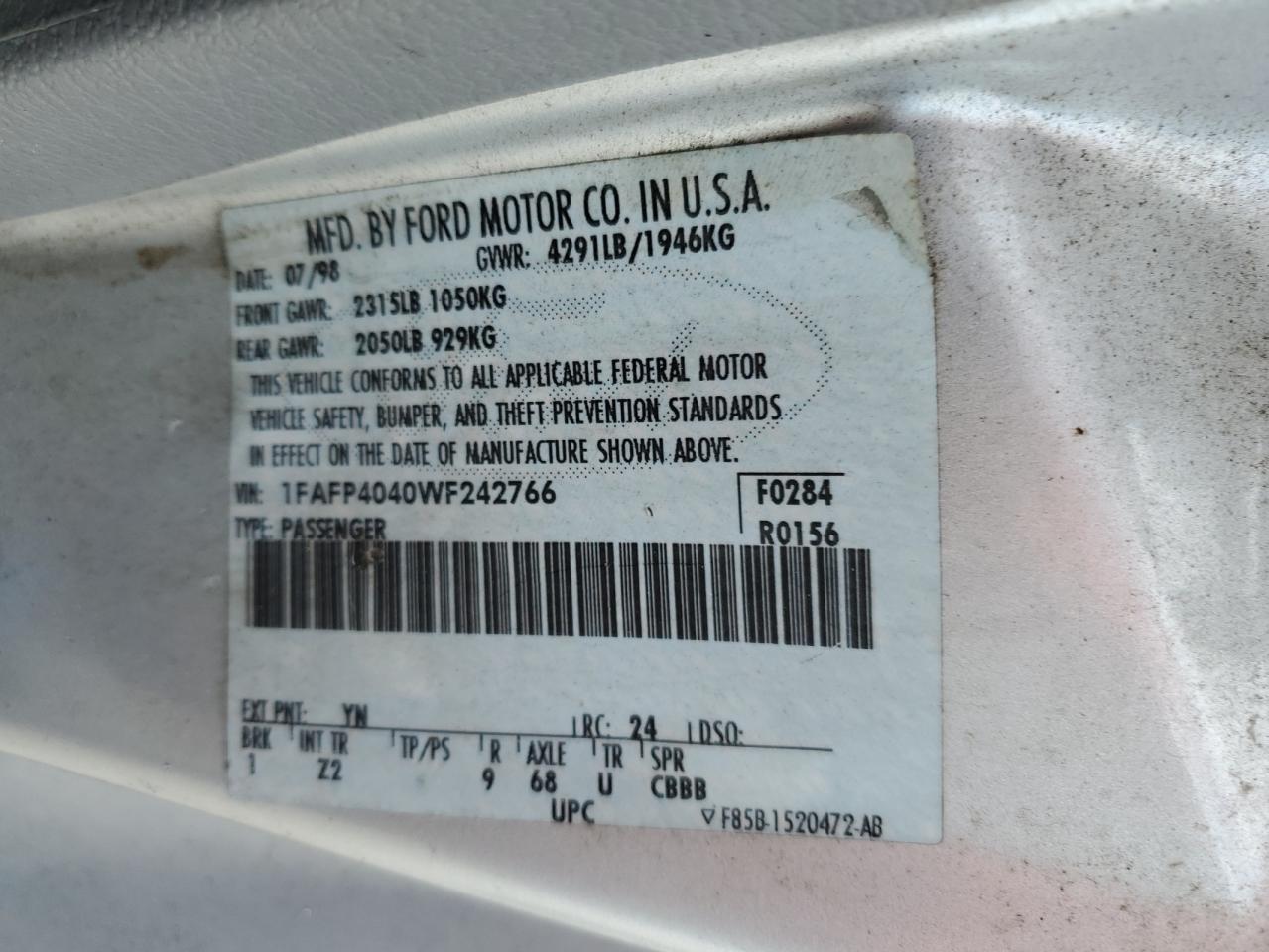1998 Ford Mustang VIN: 1FAFP4040WF242766 Lot: 63693724
