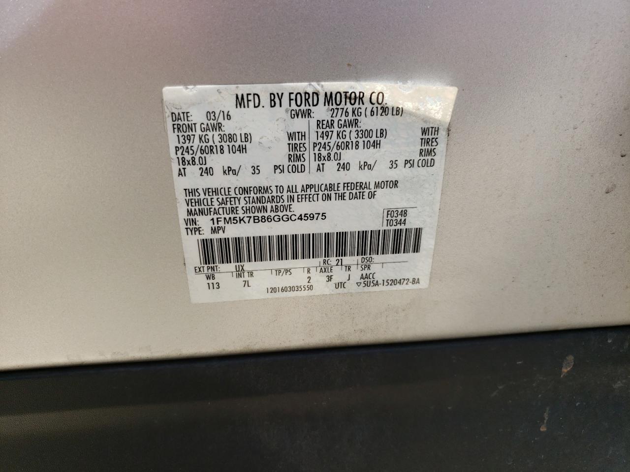 2016 Ford Explorer VIN: 1FM5K7B86GGC45975 Lot: 62978214