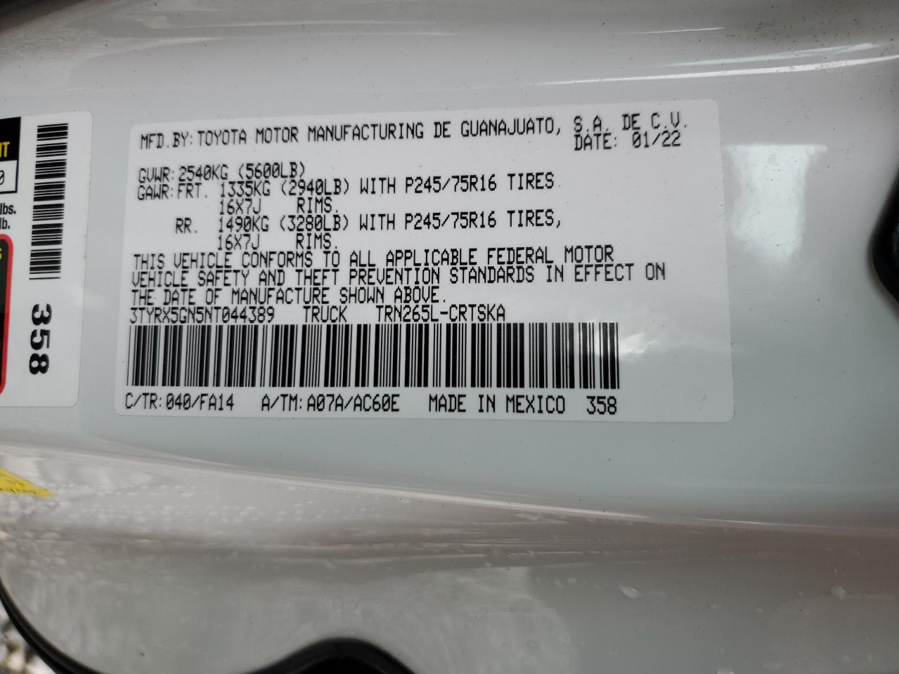 2022 Toyota Tacoma Access Cab VIN: 3TYRX5GN5NT044389 Lot: 64671144
