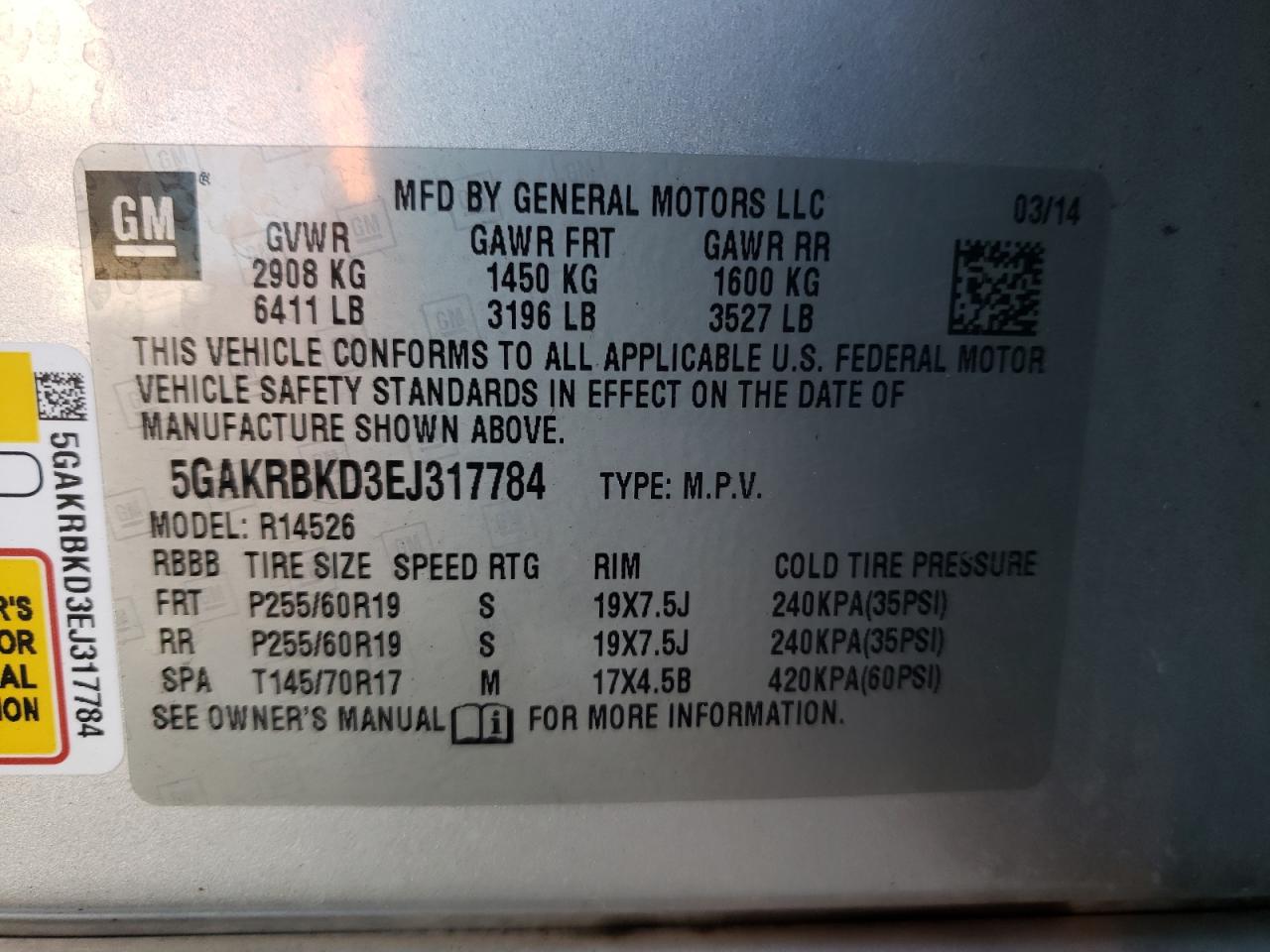 2014 Buick Enclave VIN: 5GAKRBKD3EJ317784 Lot: 63306574