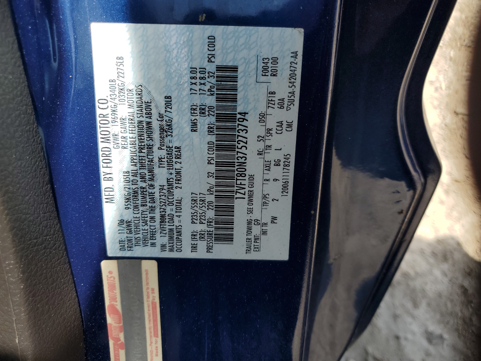 1ZVFT80N375273794 2007 Ford Mustang