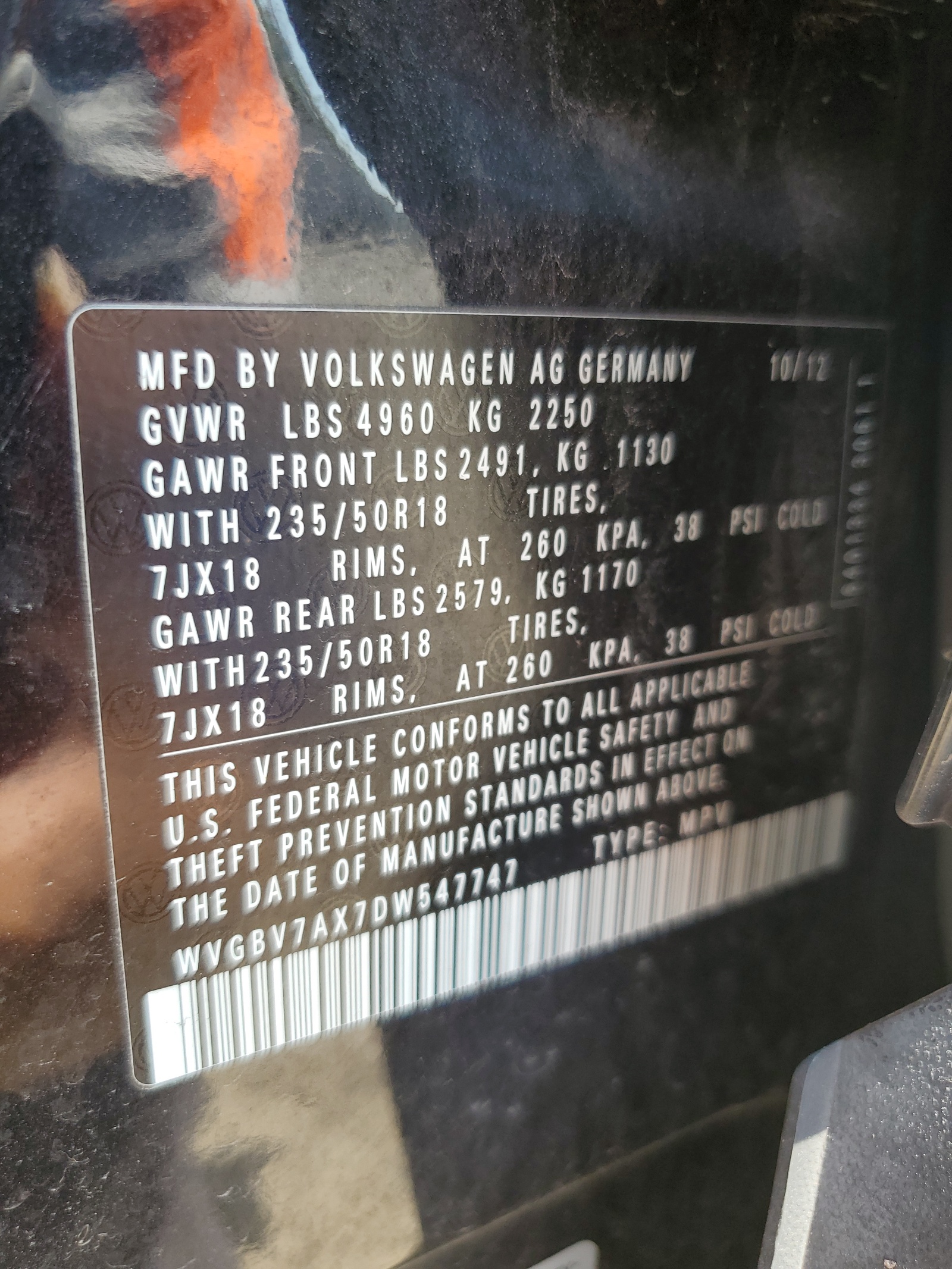 WVGBV7AX7DW547747 2013 Volkswagen Tiguan S