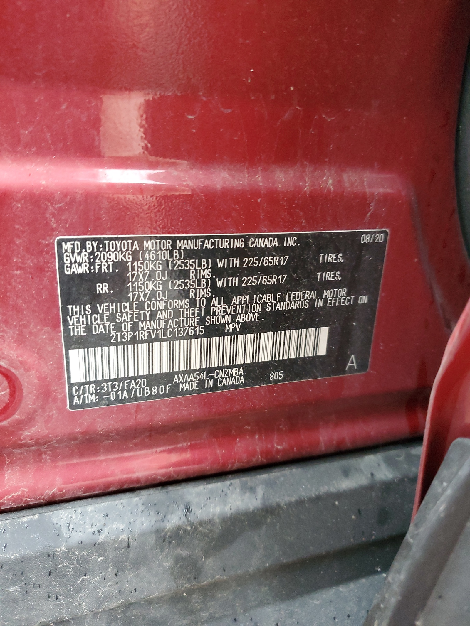 2T3P1RFV1LC137615 2020 Toyota Rav4 Xle