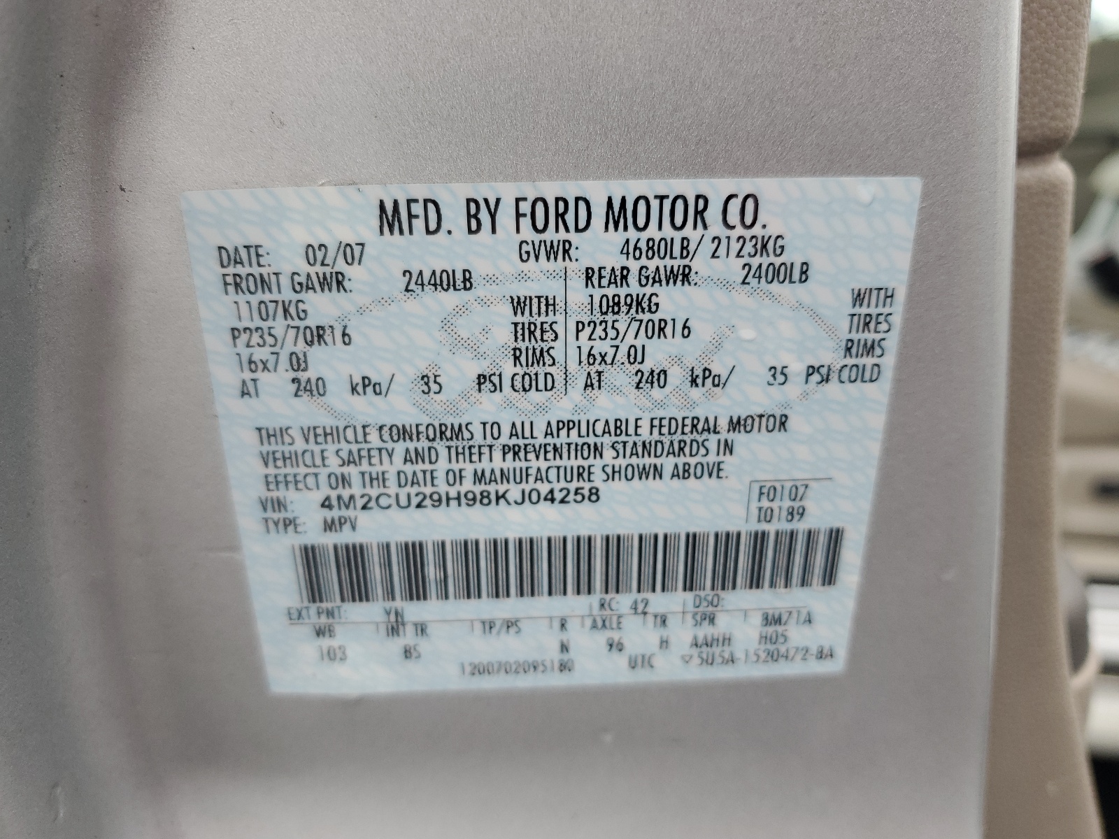 4M2CU29H98KJ04258 2008 Mercury Mariner Hev